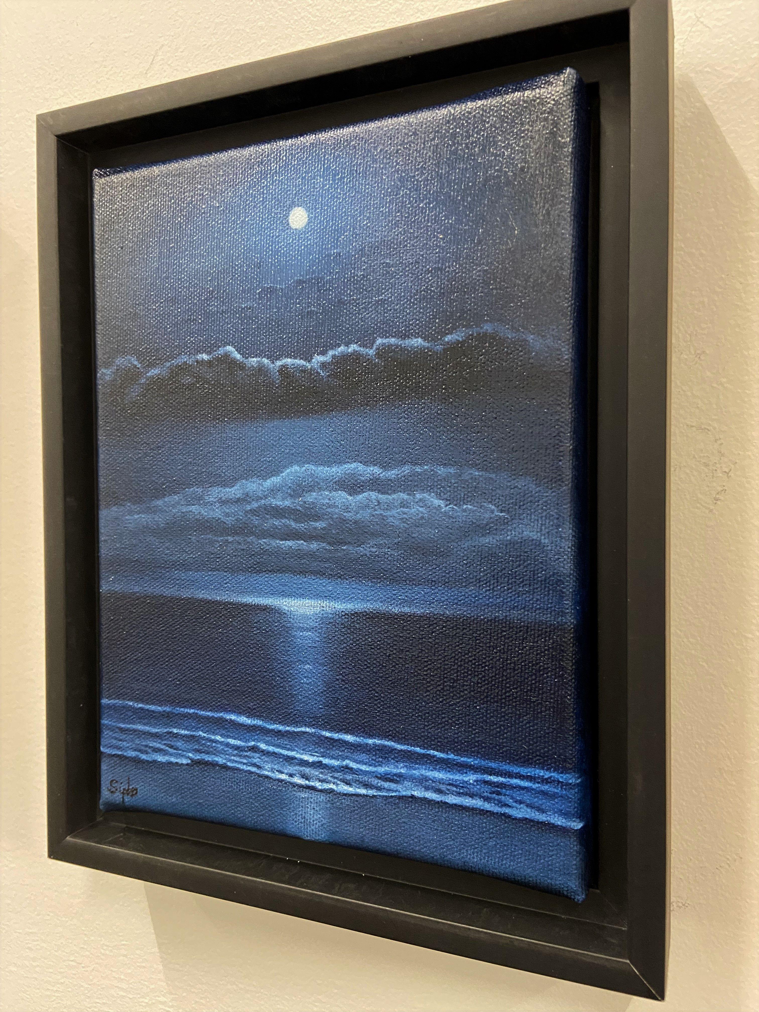 I enjoy night walks on the beach and the luminosity that a full moon brings with it.  This piece is a captured moment from memory.  The ocean is just as alive at night as it is during the day.  This is a small oil on canvas that will look great in