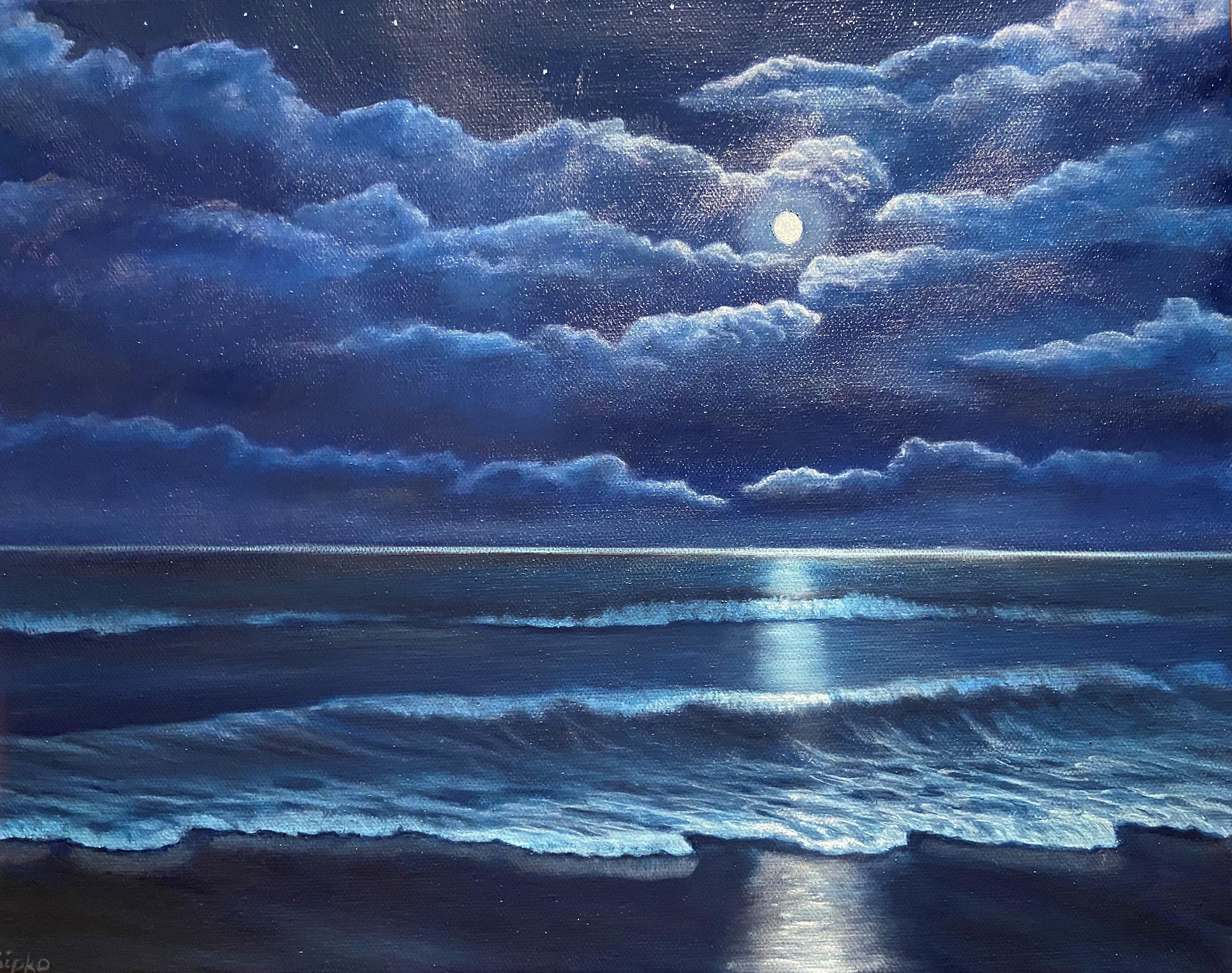 This piece is a 4th in a series of night walks on the beach with a bright moon.  I enjoy the sound and light of the beach at night and this is the inspiration for this series of paintings.  The canvas is an 1.5" canvas and is mounted in a floater