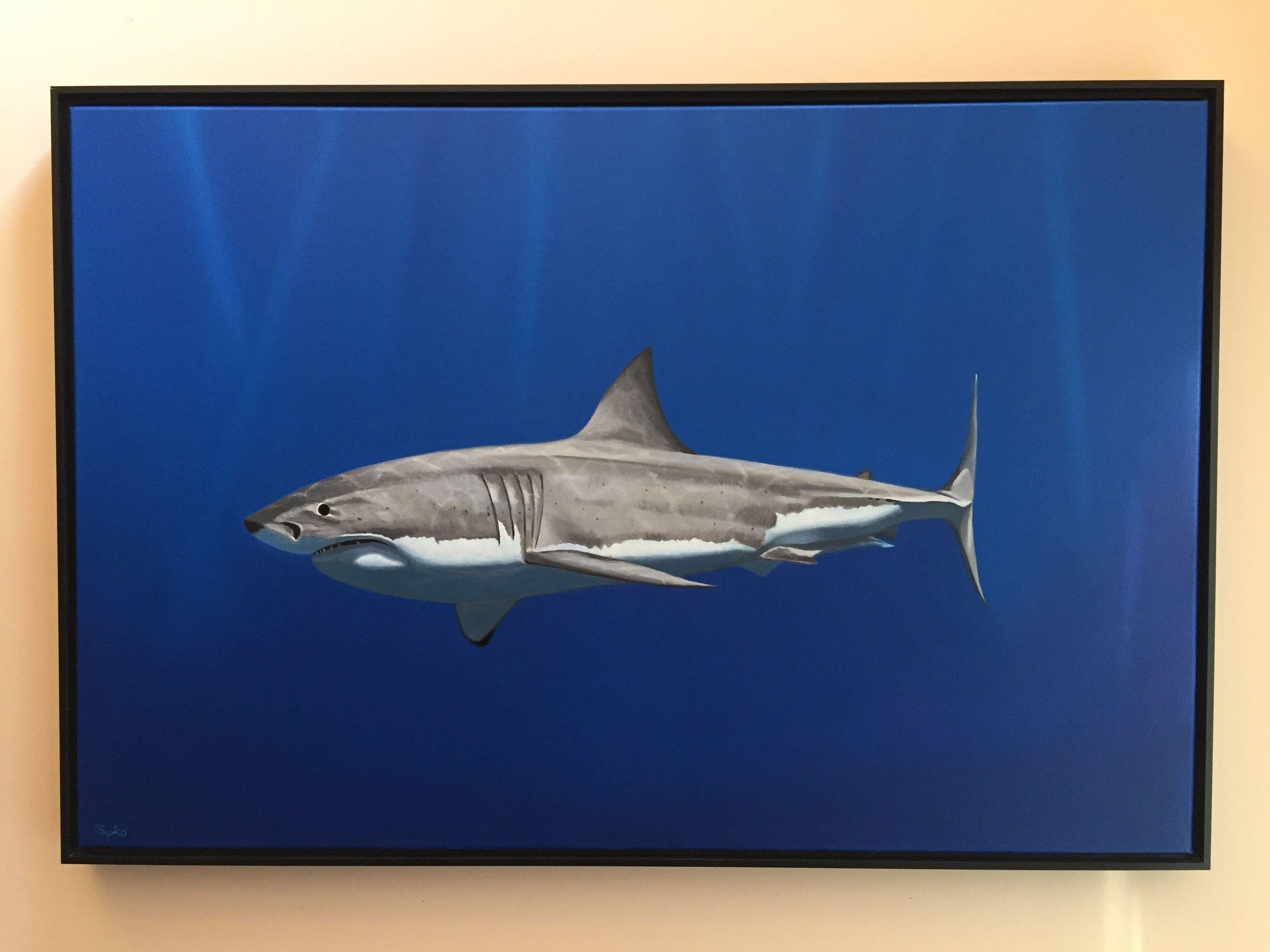 I enjoy spending my summers in Cape Cod and these amazing sharks have become the talk of the town over the last few years.  They have really changed the dynamic of what it means to go to the beach!  This piece is a large oil on canvas and it is