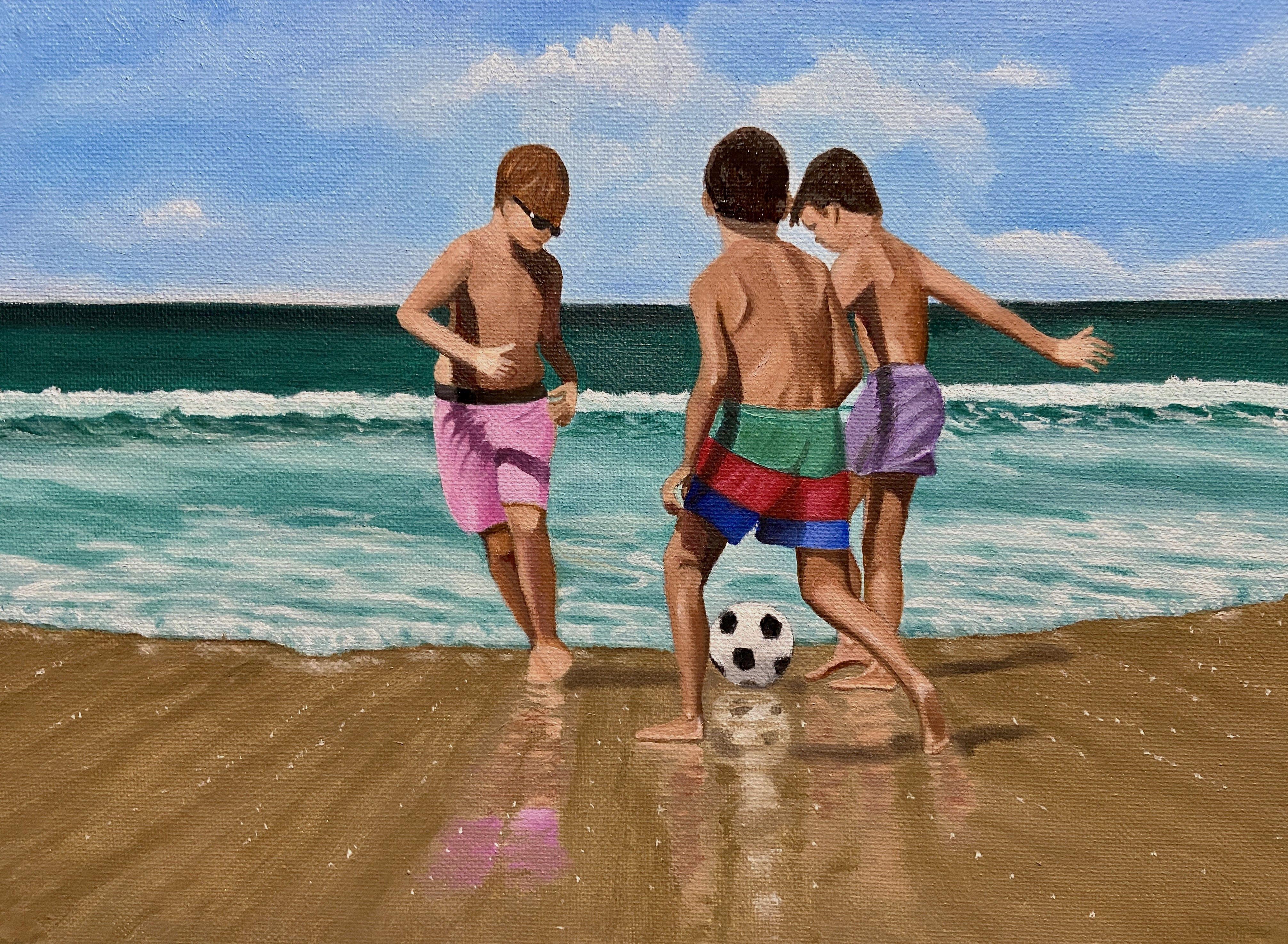 This piece should briing back memories of childhood and the great family times at the beach.  The piece is oil on canvas done with archival materials.  It is framed and ready to hang in your beach home or place of business and will make a bold