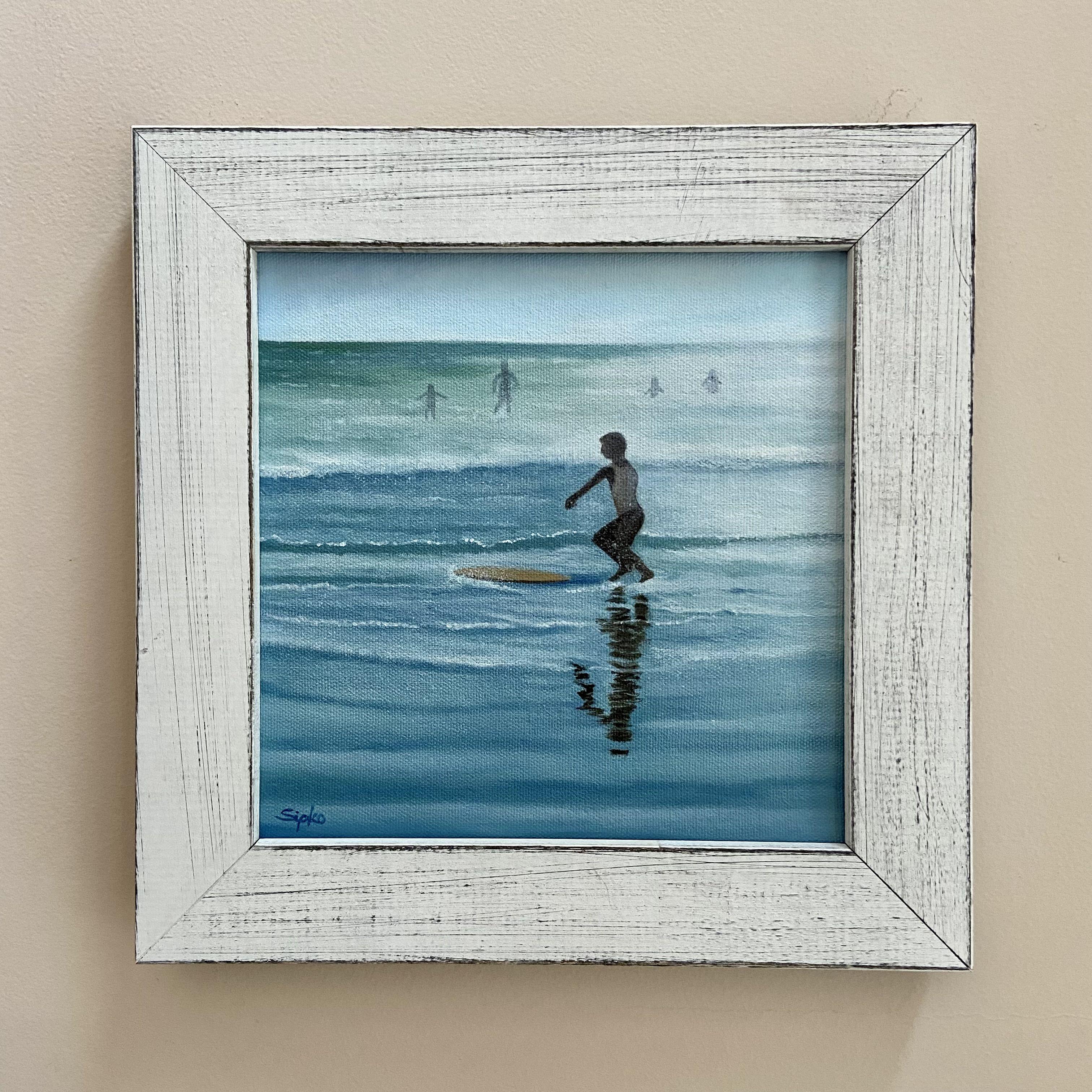 This is a small beach scene with a skim board being thrown by a young man at the moment when bright hazy light turns everything into a silhouette.   I enjoy the beach scenes at all hours of the day and enjoy capturing the moment.  This piece will