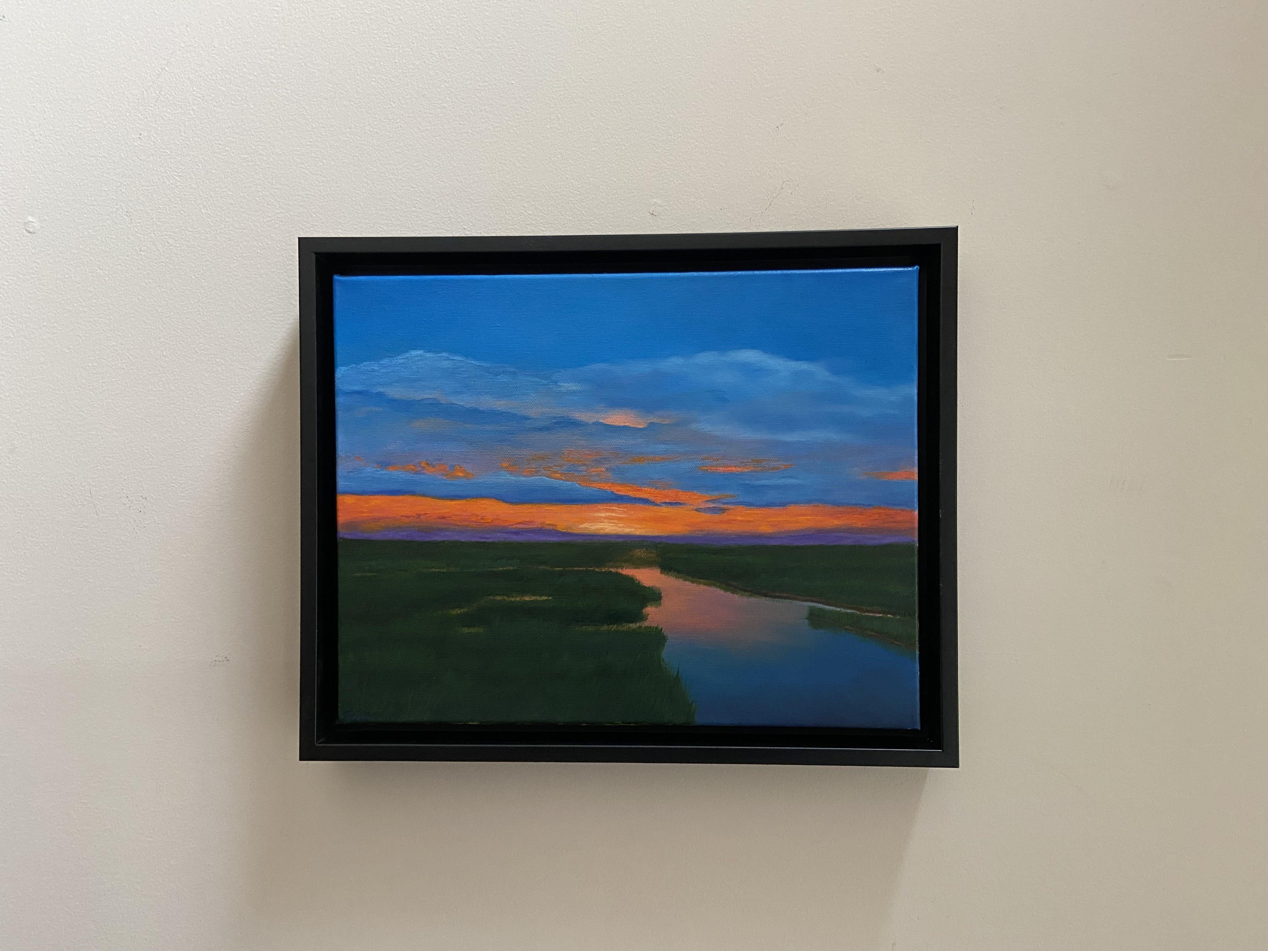 This is a sunset scene on a Cape Cod salt marsh.  This piece is an oil on canvas and is varnished framed and ready to hang.  It is painted on a 1.5