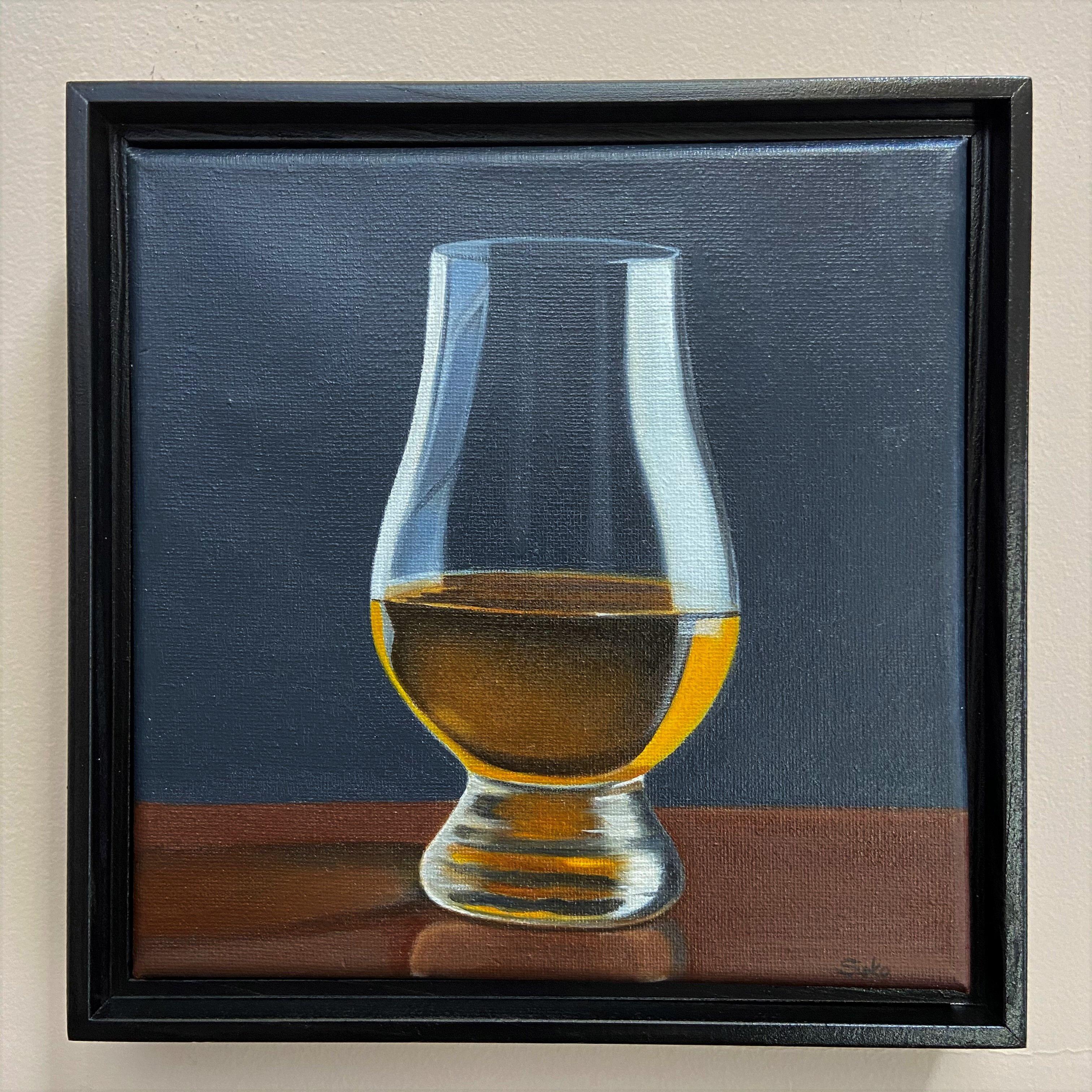 This a still life painting of a whiskey glass half filled with some whiskey.  It is my final painting of 2020 and a way to say goodbye to this year of the pandemic.  It is an 8 x 8 oil on canvas and painted in a realistic manner.  It will look