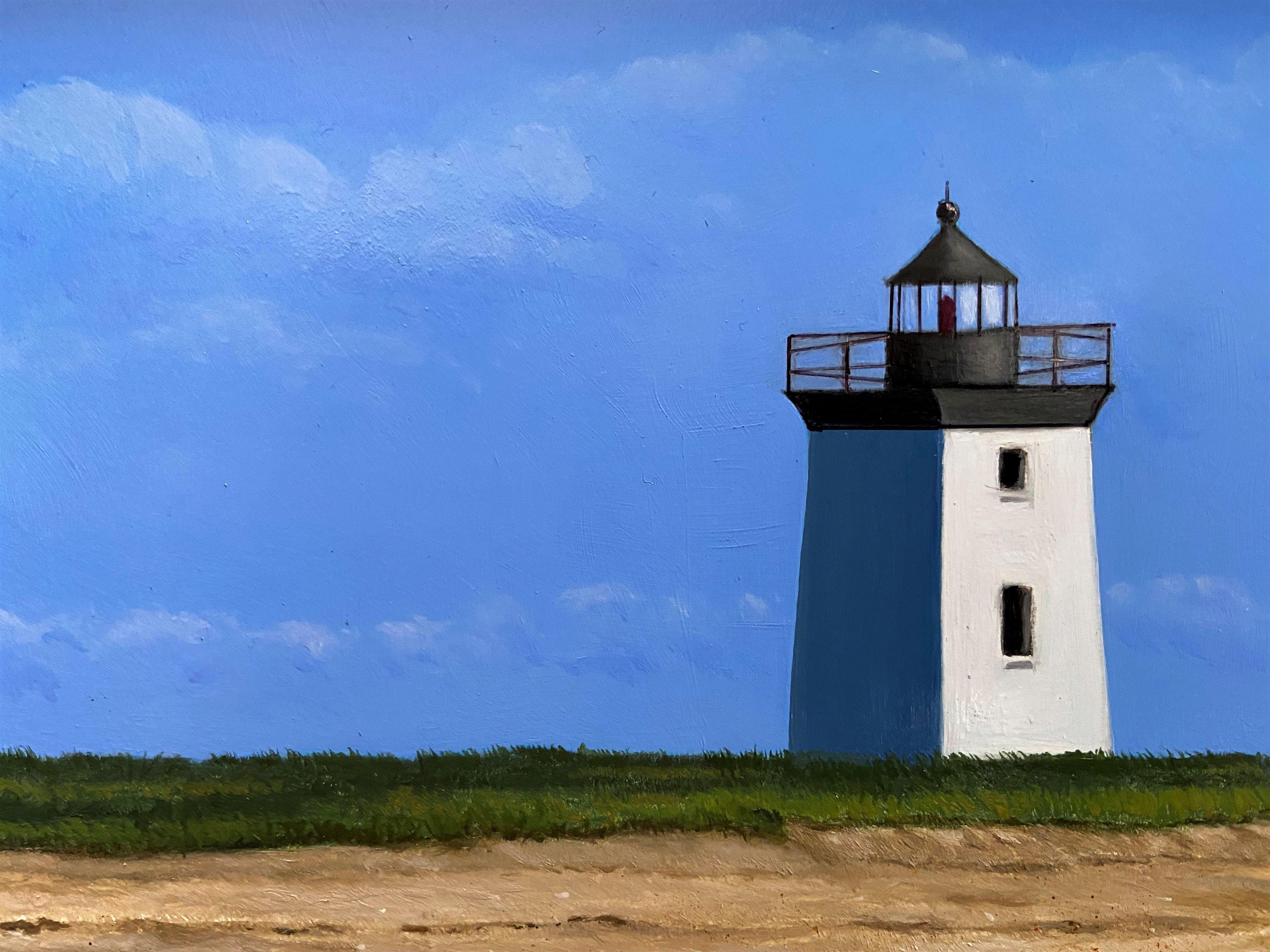 This piece is an actual working lighthouse on the tip of Cape Cod near Race Point.  Wood End Light was built in the 1870's.  This is a realistic piece painted on a smooth panel and varnished for a nice glass like finish.  It will look fantastic in