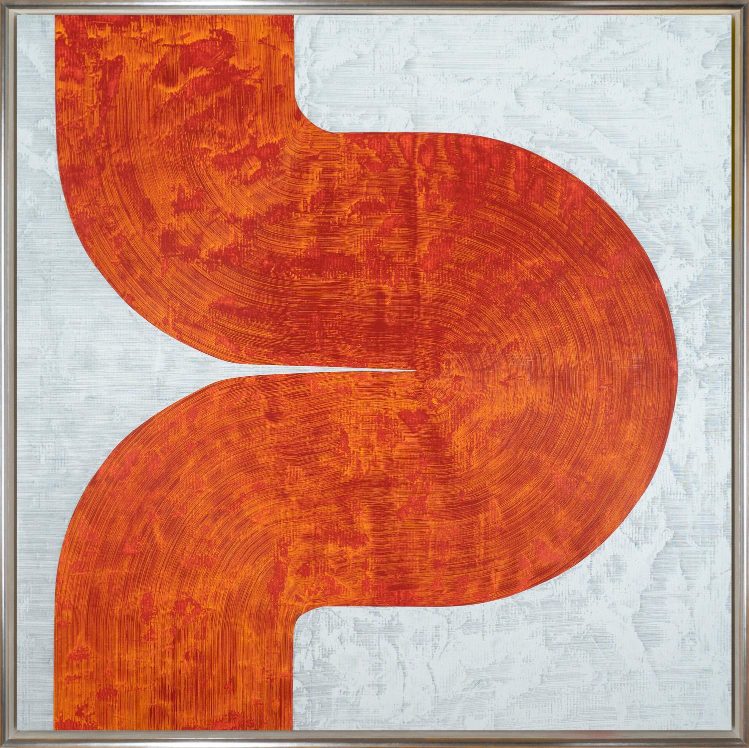 "Harmonia 15-3" is a framed acrylic painting on canvas by David Skillicorn, with large abstract organic orange form in a White and Gray background.

 This piece is finished in a silver scoop floater frame with a white-washed woodgrain effect on the