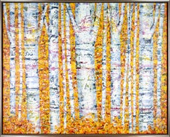 "Nel Bosco 12-4" Abstracted Fall Forest Scene with Bright Orange
