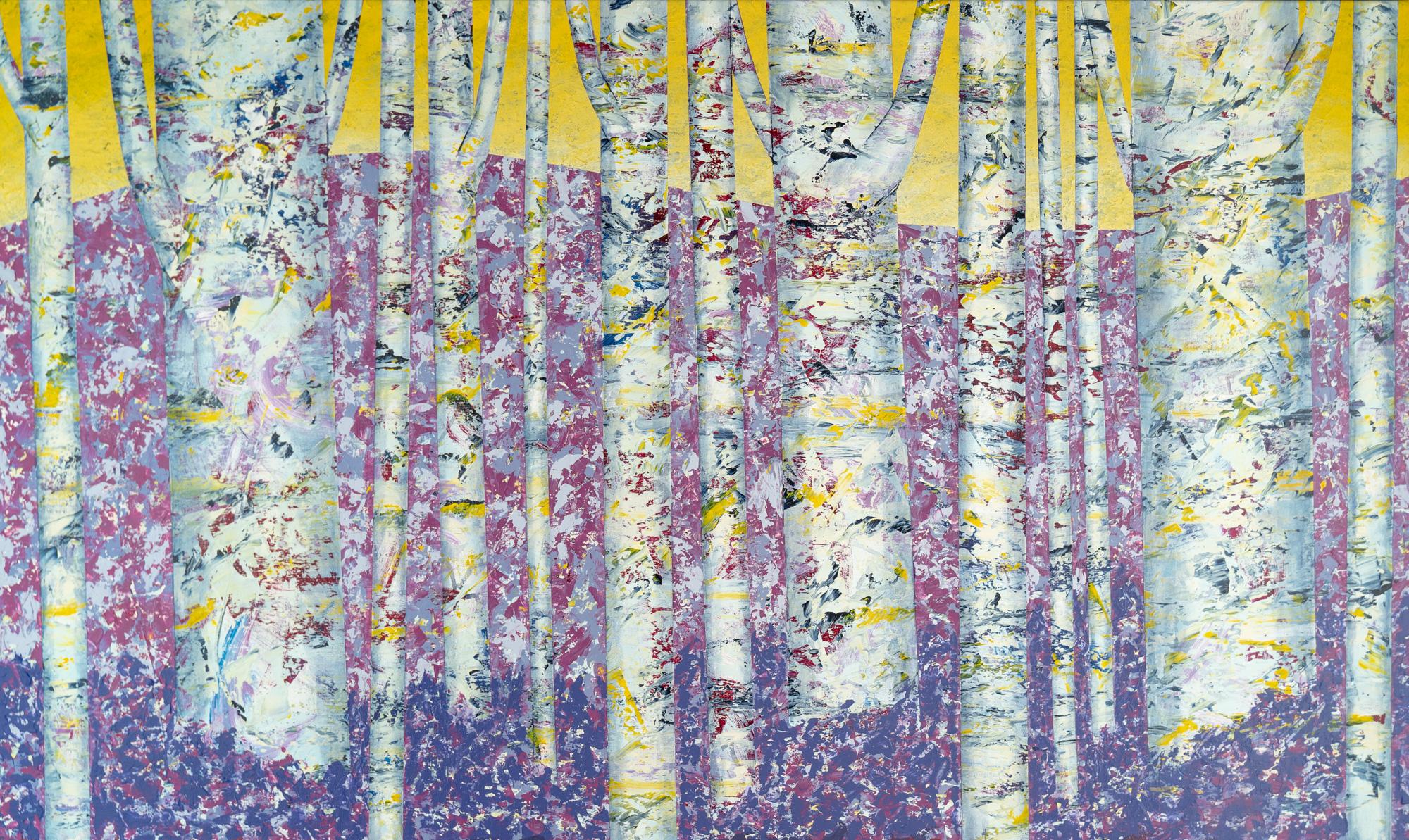 „Nel Bosco 13-1“, gerahmte abstrakte Bäume, Landschaft, Gemälde in Mischtechnik auf Leinwand – Painting von David Skillicorn