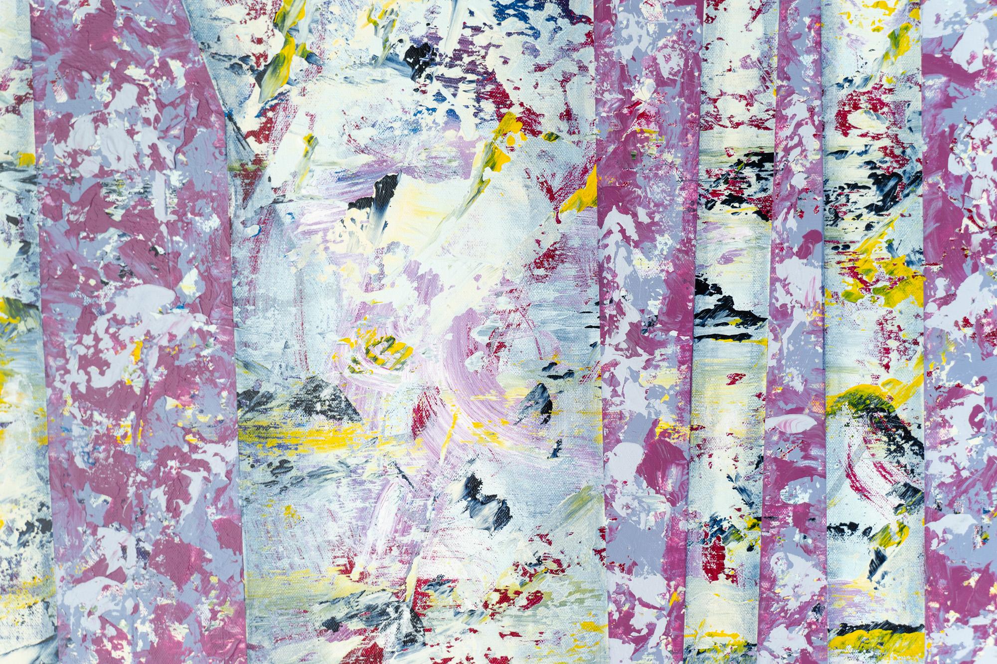 „Nel Bosco 13-1“, gerahmte abstrakte Bäume, Landschaft, Gemälde in Mischtechnik auf Leinwand (Grau), Abstract Painting, von David Skillicorn