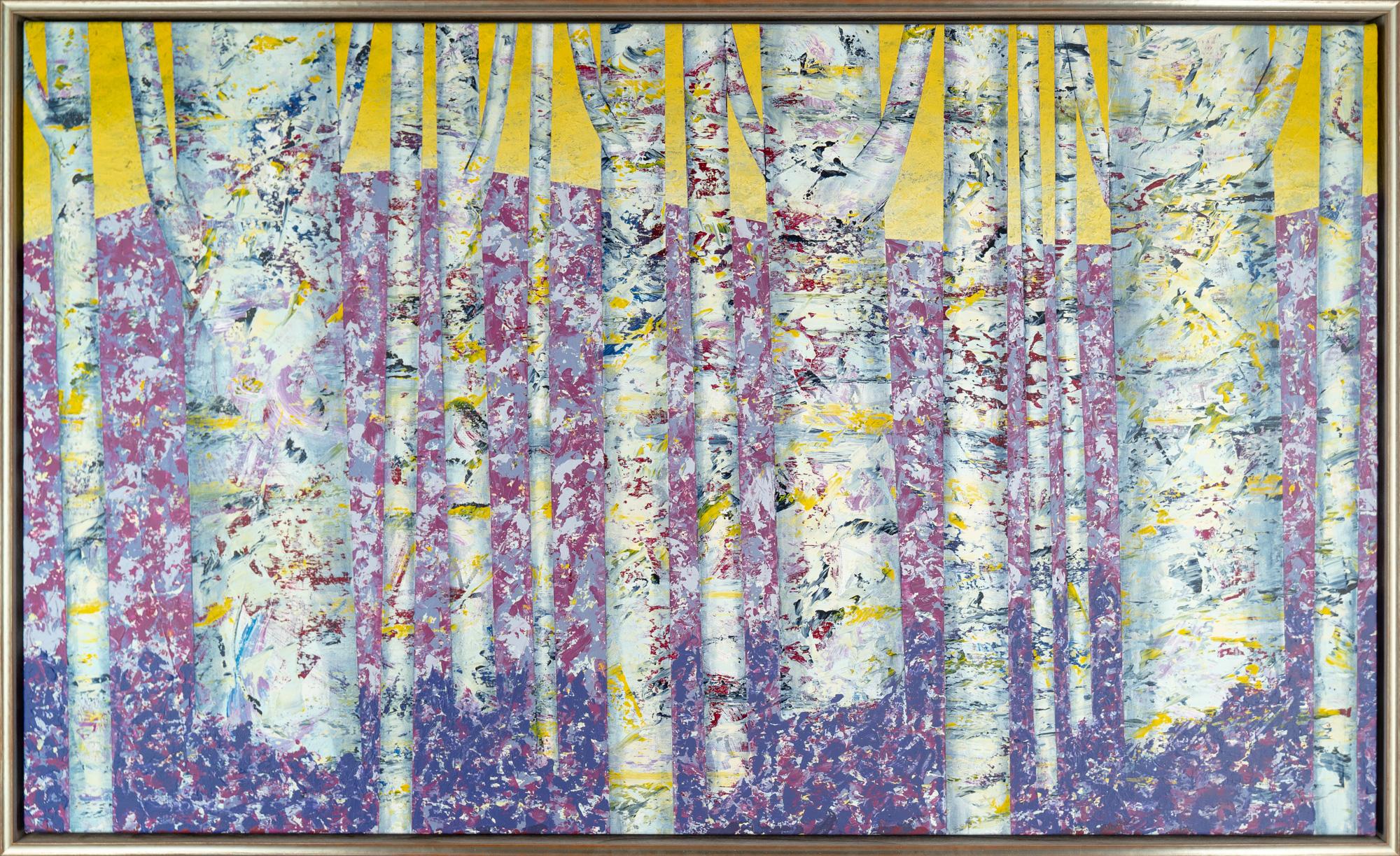 „Nel Bosco 13-1“, gerahmte abstrakte Bäume, Landschaft, Gemälde in Mischtechnik auf Leinwand