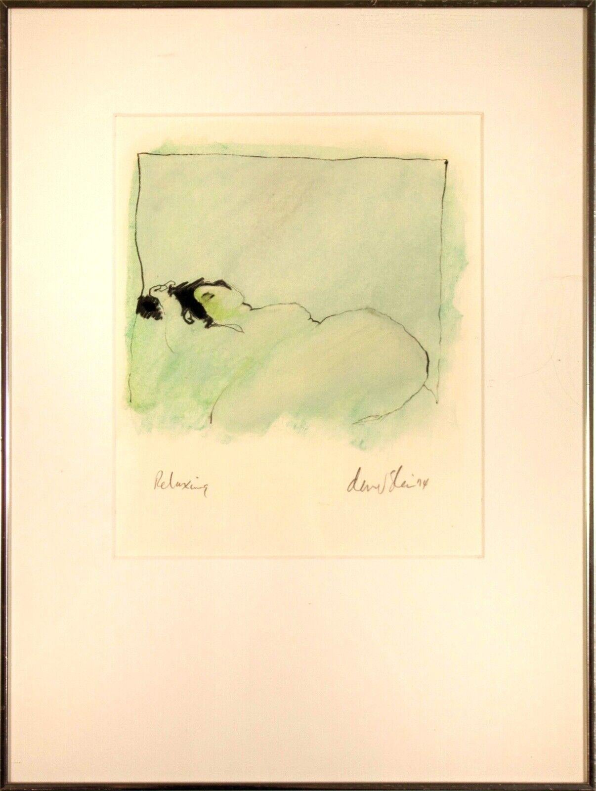 A lovely modern abstracted female nude pastel drawing on paper titled “Relaxing” by David Slee. Hand signed in pencil bottom right and dated 1974. Titled bottom right. A minimalistic line drawing creates a serene reclining female nude with abstract