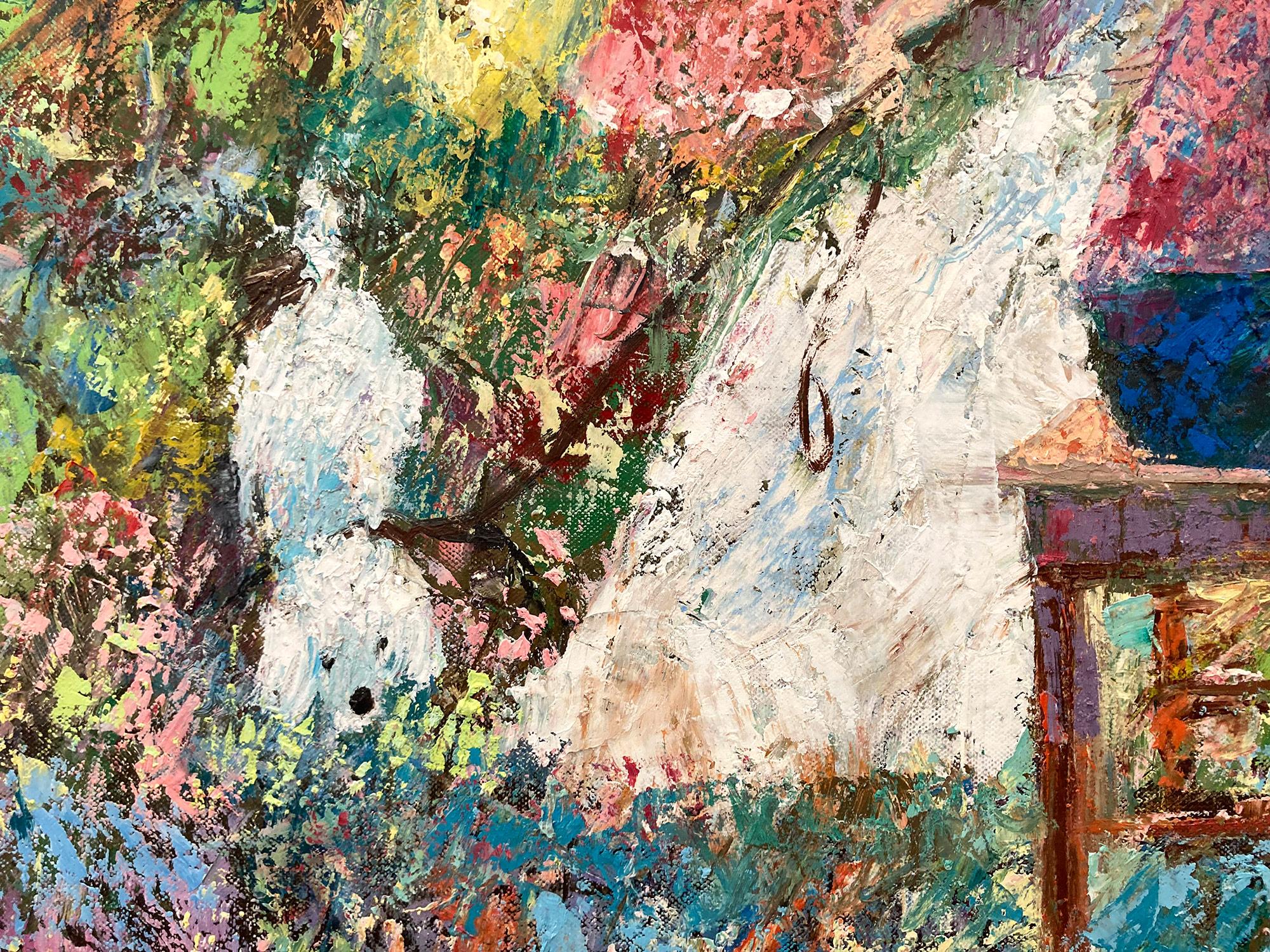 Cette pièce est un exemple pertinent des œuvres très recherchées de David Smira, représentant une vue au bord d'un lac avec des fleurs et des personnages dans le jardin. L'artiste esquisse son modèle tandis qu'une femme jette un coup d'œil à son