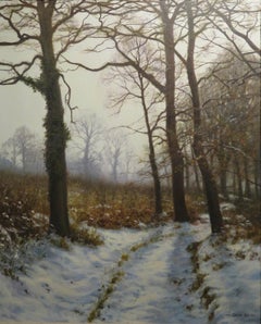 Superbe peinture à l'huile réaliste anglaise originale David Smith (1949-) Winter Woodland