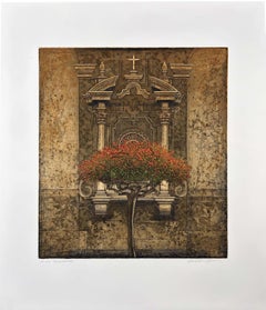 Cotoneaster - Acquaforte architettonica a colori con albero di David Smith-Harrison