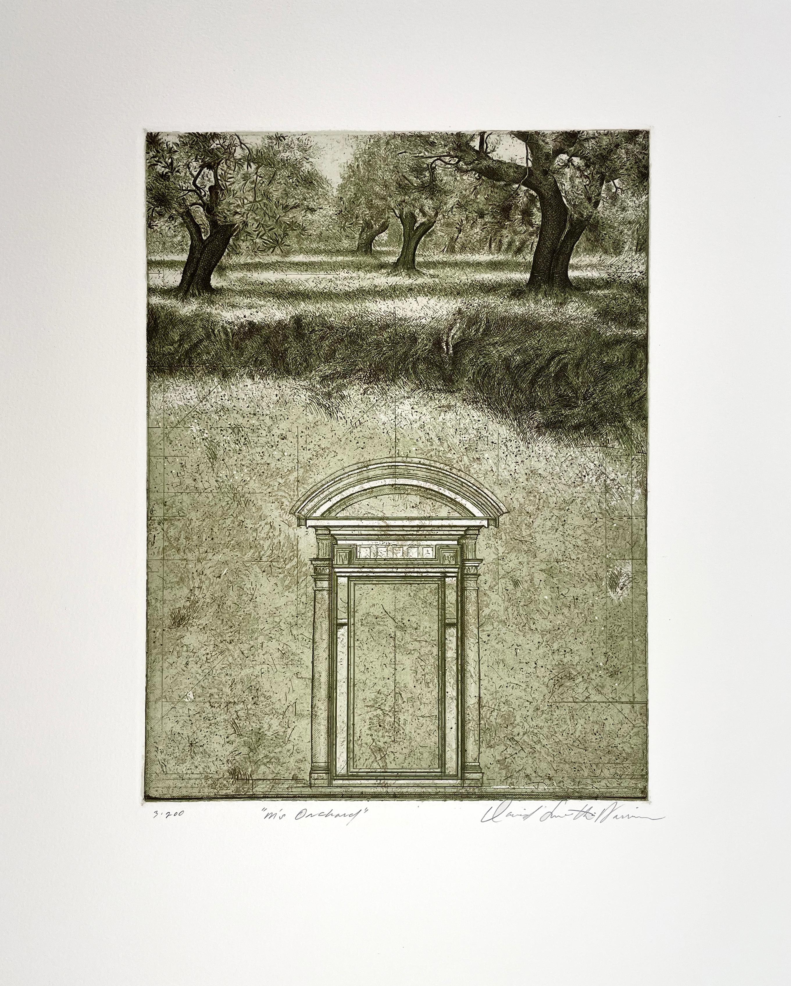 Signed, titled and numbered by the artist.  This intaglio print shows an orchard combined with the classical architectural imagery that often accompany Smith-Harrison's portraits of trees.

Smith-Harrison is known for his meticulous depictions of