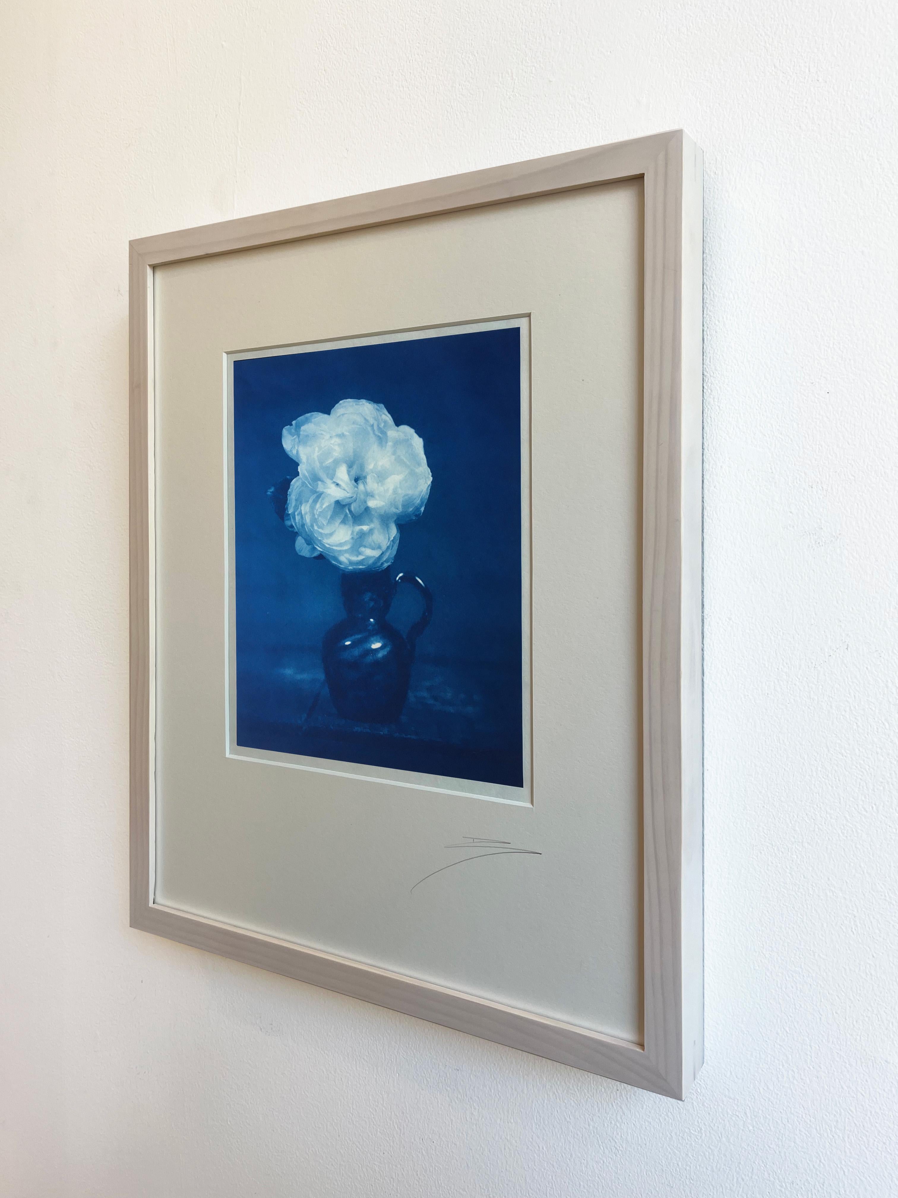 Rose in Blue Glass Vase (Romantic Still Life Cyanotype Still Life Photo, Framed) - Contemporary Print by David Sokosh