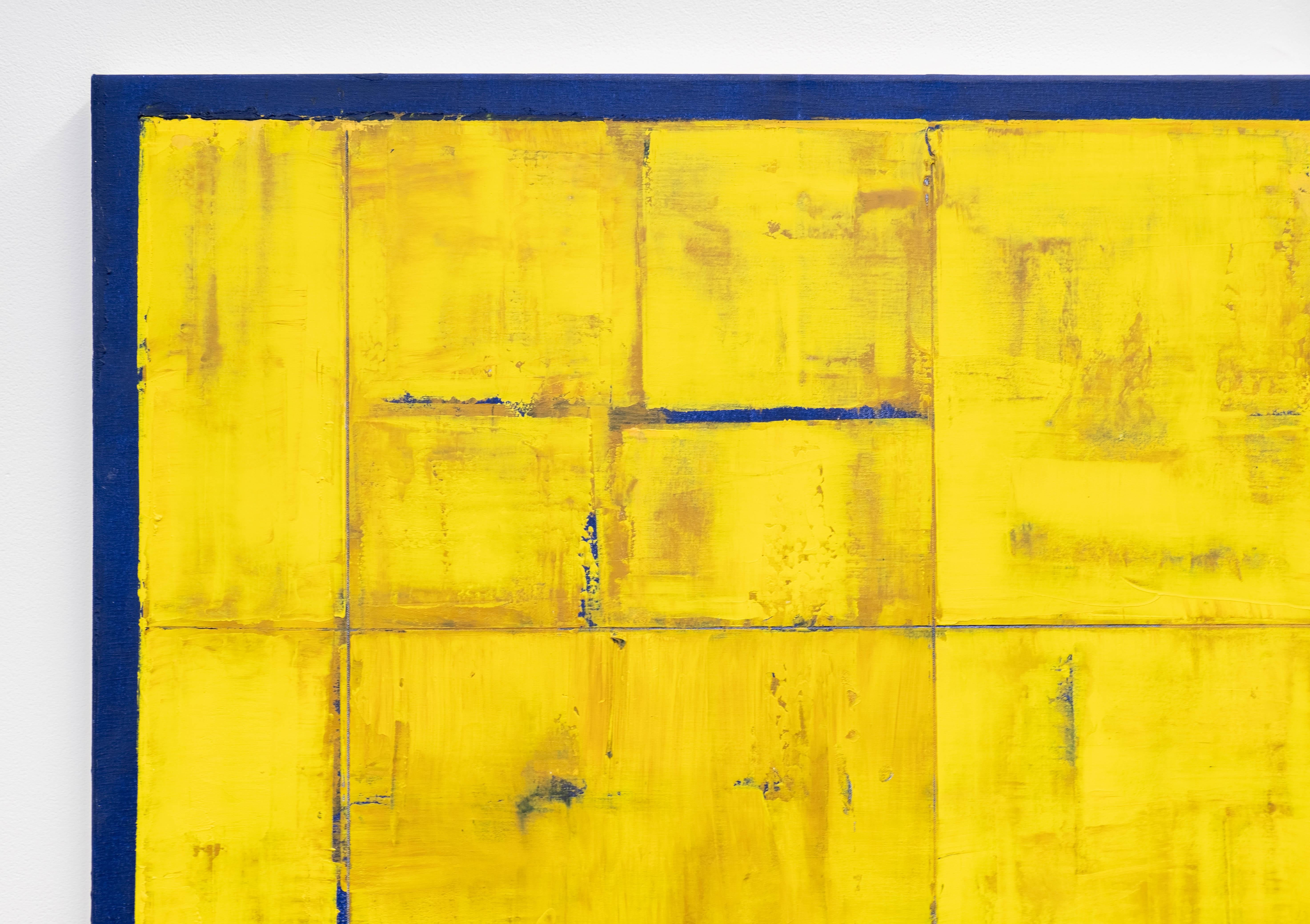 This gorgeous luminous abstract painting drenched in bright yellow is enhanced by a subtle melange of greens, orange, blue and rich brown. This is direct from the estate collection of David Sorensen. His Accumulation Grid (AC) series of paintings