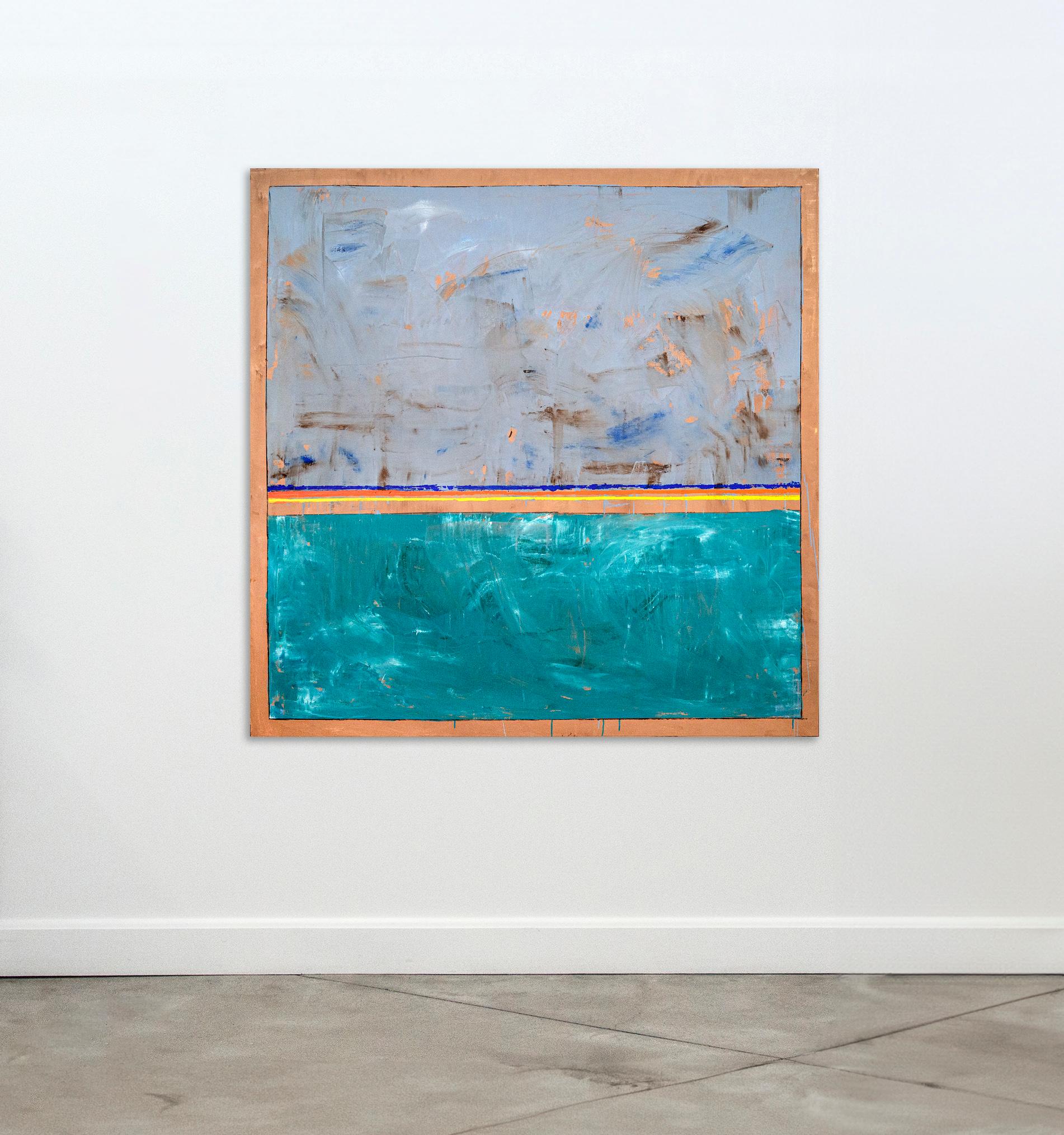 Blue Green (Center Lines) - astratto, contemporaneo, modernista, olio su tela in vendita 3