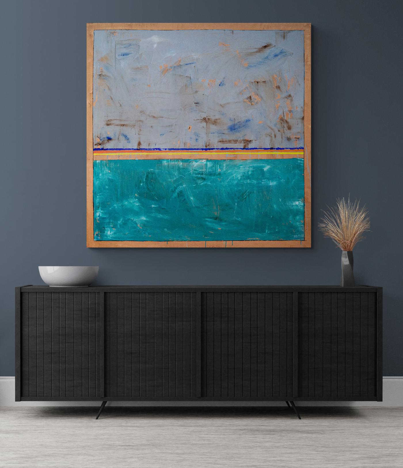 Blue Green (Center Lines) - astratto, contemporaneo, modernista, olio su tela in vendita 4