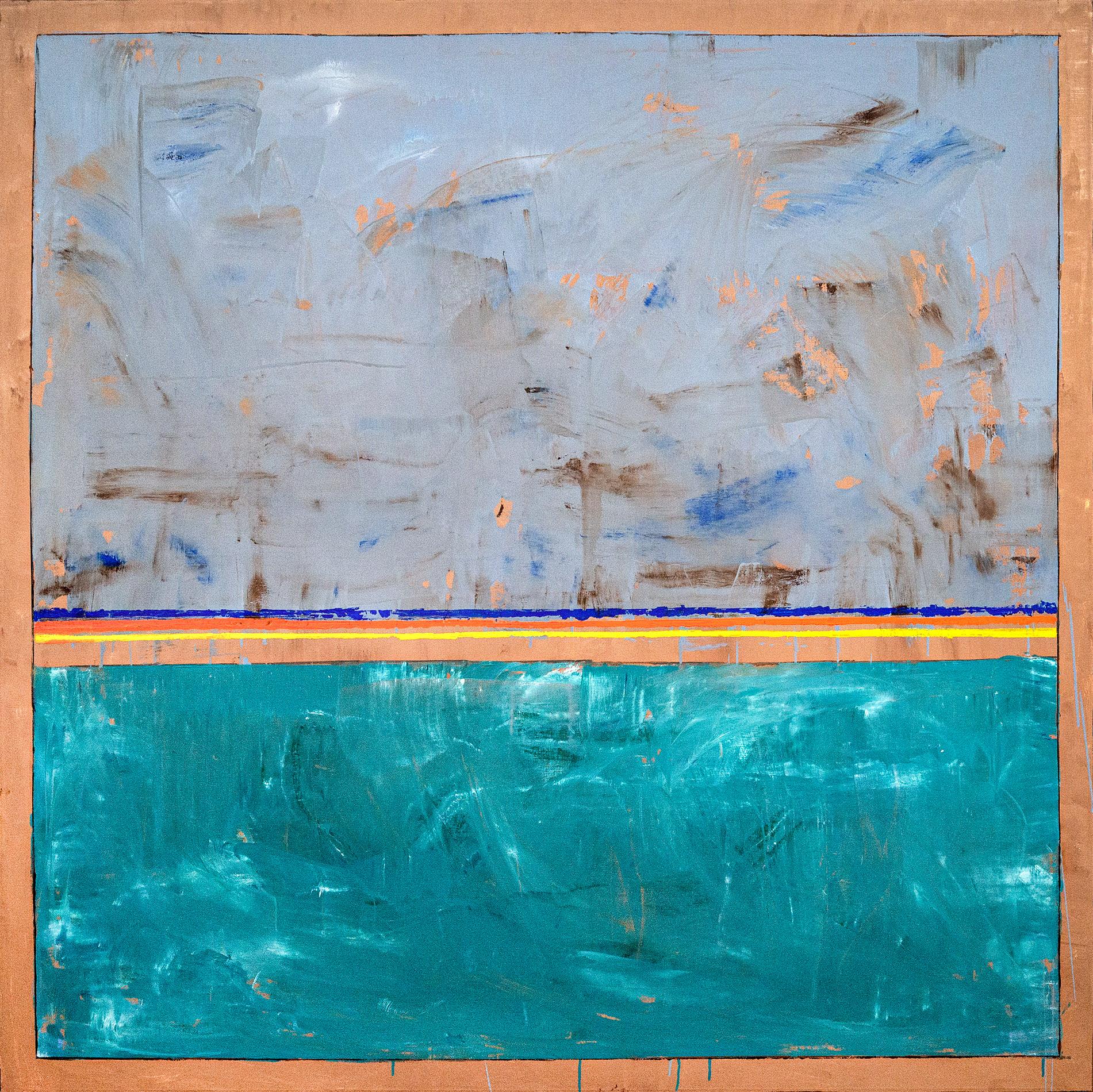 Abstract Painting di David Sorensen - Blue Green (Center Lines) - astratto, contemporaneo, modernista, olio su tela