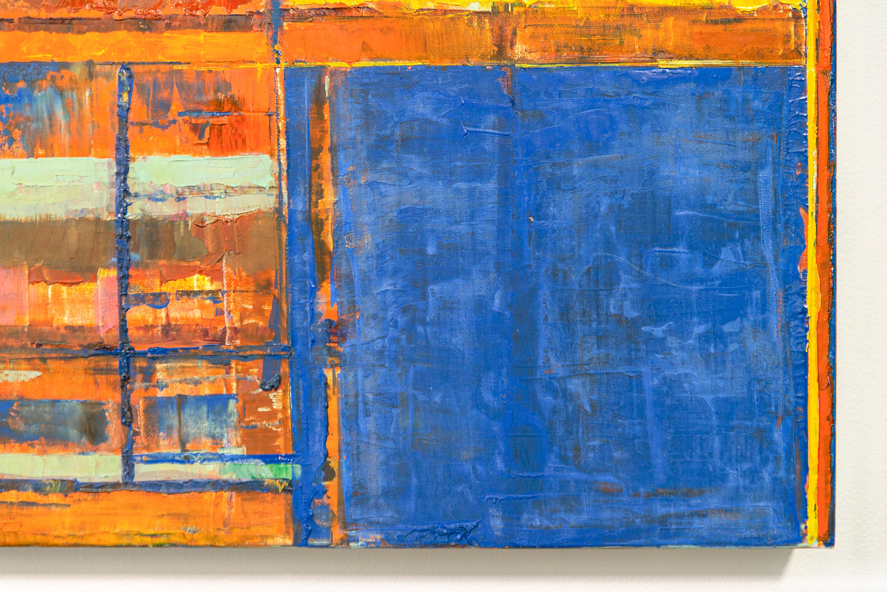 A masterful colourist, this engaging abstract is by David Sorensen. The Canadian artist was known for his bright colour palette and dynamic form. This piece—rows of colour—orange, yellow, blue, golden brown, pale green and black overlap and play