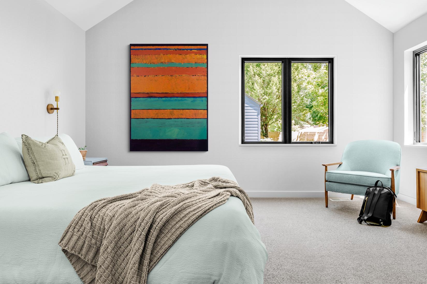 A scaffold of dark violet gives structure to painterly hot orange and teal bands in this confident abstract canvas by David Sorensen. The curated strata of fresh  colors points to an ocean horizon at sunrise.

Through his painterly modern