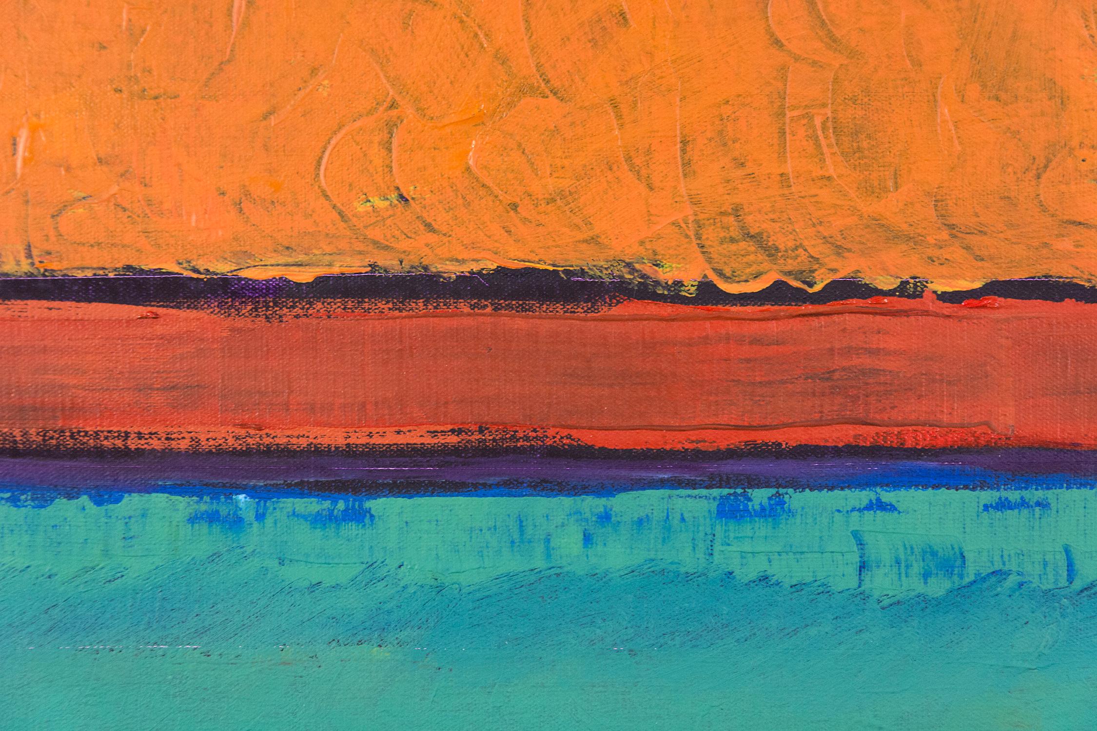 Un échafaudage de violet foncé donne une structure à des bandes de peinture orange et sarcelle chaudes dans cette toile abstraite confiante de David Sorensen. Les strates conservées de l'eau fraîche.  Les couleurs pointent vers un horizon océanique