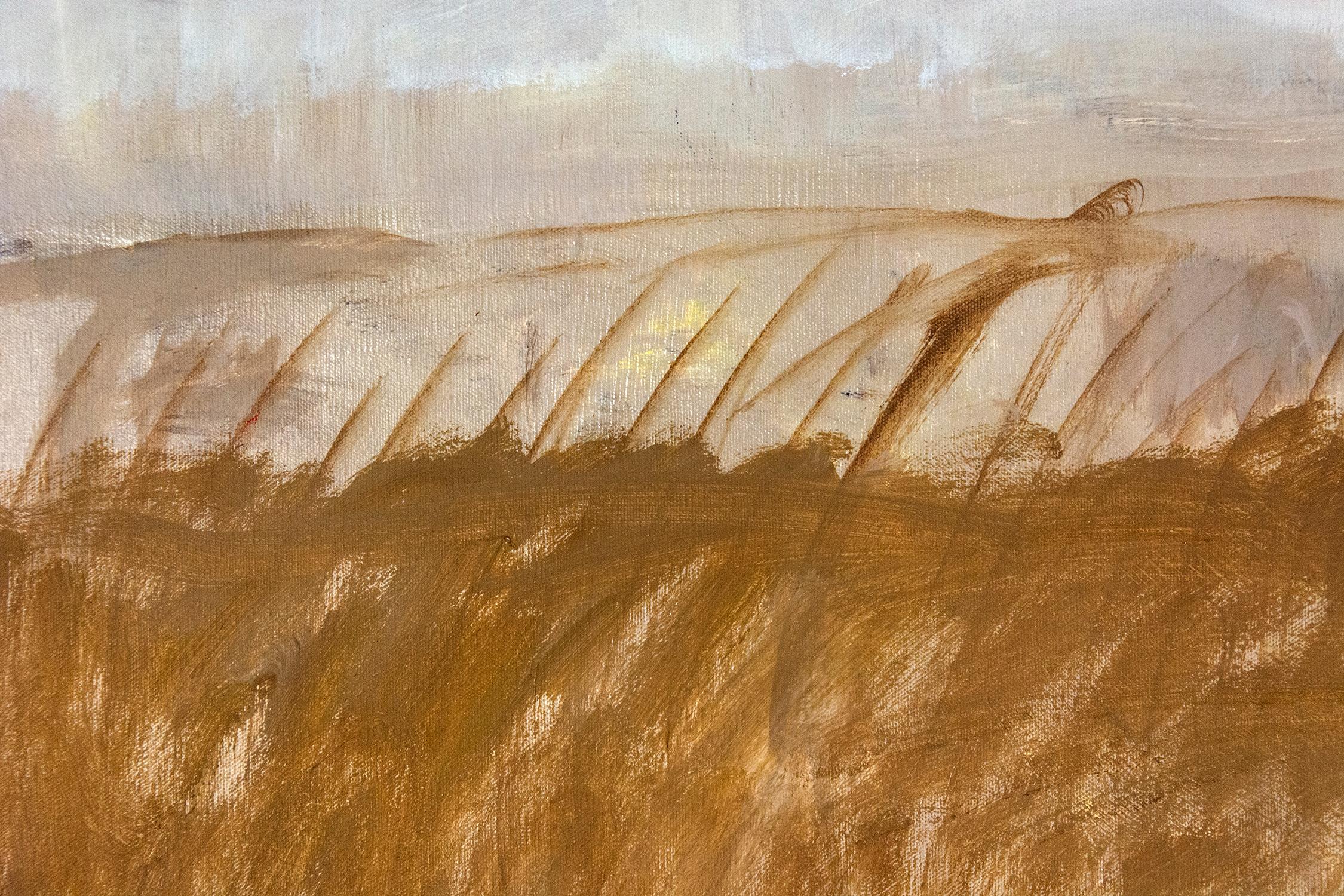 Painterly bands of light brown and gold, like a field of wheat, are interrupted by two thin lines of deep yellow and umber in this lyrical canvas by David Sorensen.

Through his painterly modern compositions, celebrated Canadian painter David