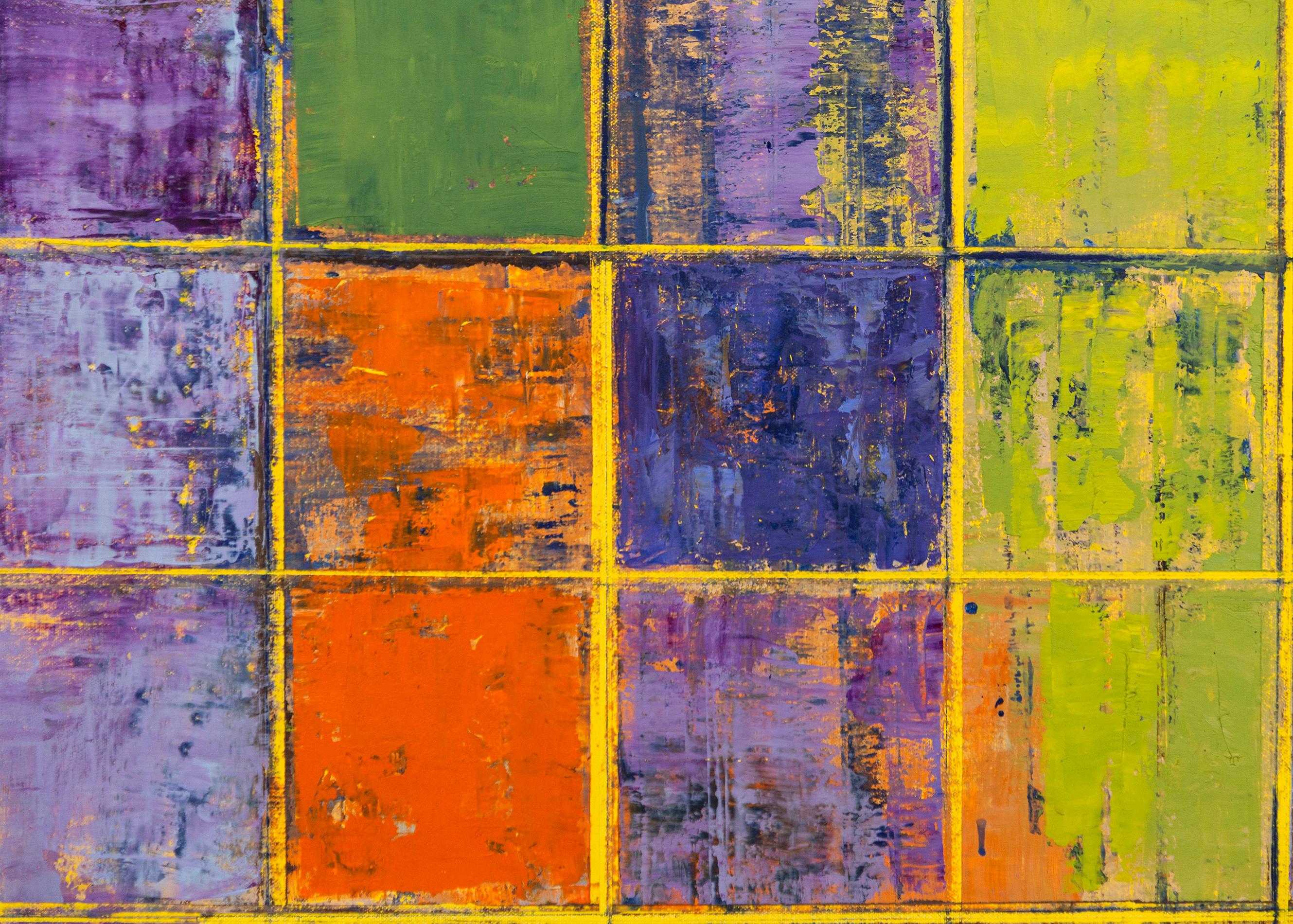 Aquilone - audace, brillante, colorato, astratto, a griglia, modernista, olio su tela - Abstract Painting Marrone di David Sorensen