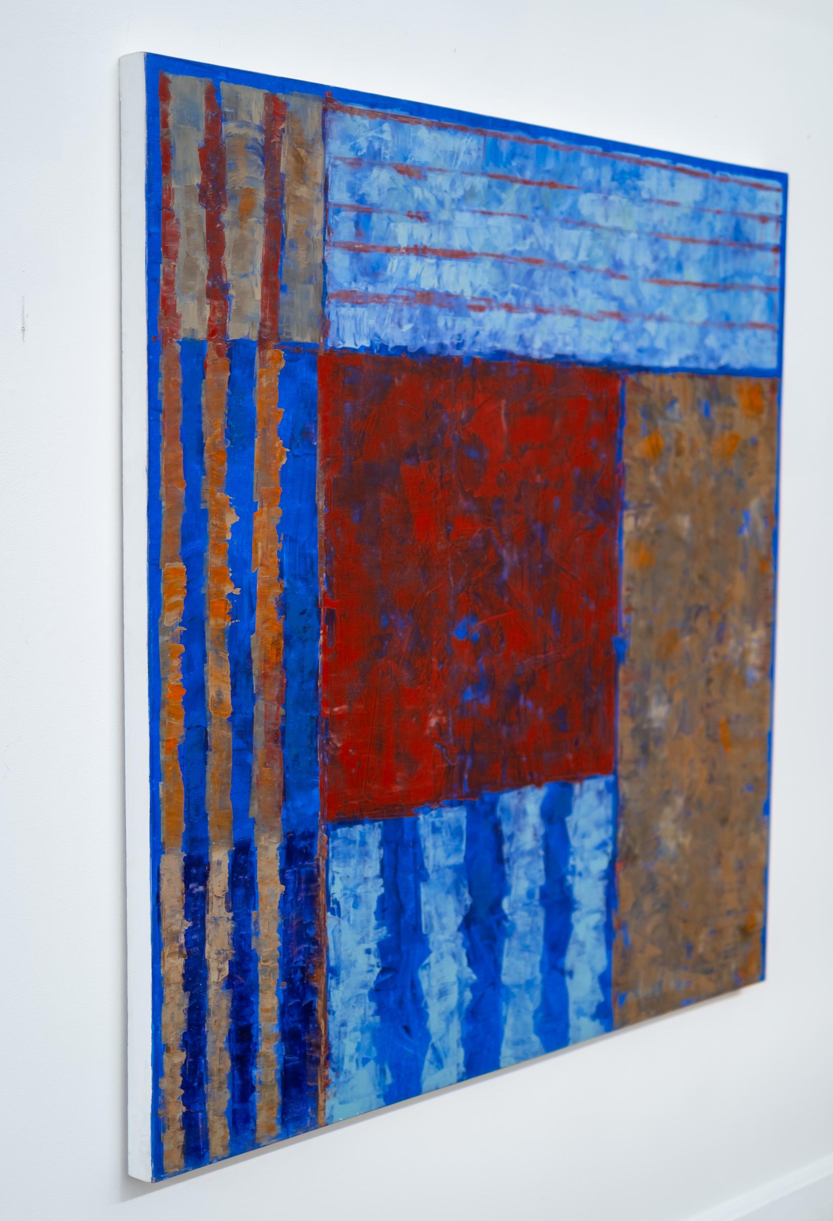 Serie solare #2: Ponte di Auver - blu, rosso, astratto, modernista, olio su tela - Painting di David Sorensen