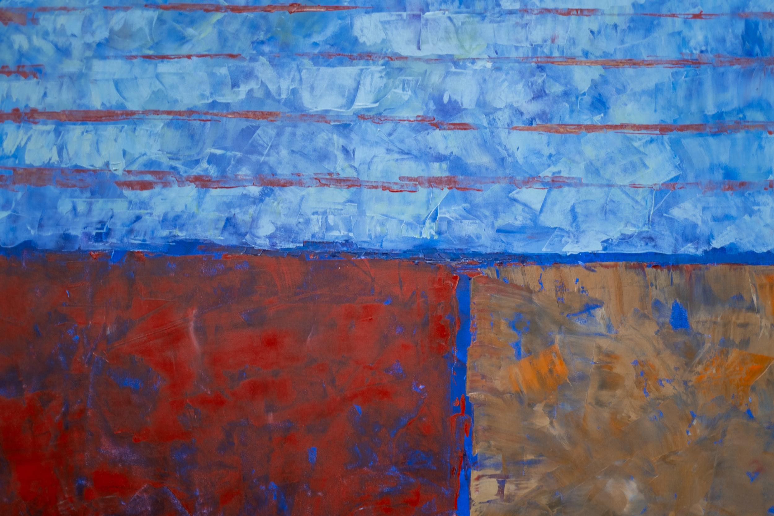 Serie solare #2: Ponte di Auver - blu, rosso, astratto, modernista, olio su tela - Painting Contemporaneo di David Sorensen