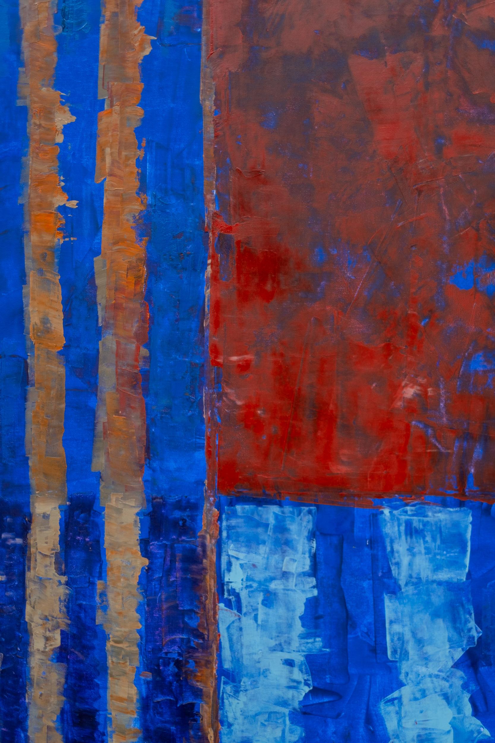 Serie solare #2: Ponte di Auver - blu, rosso, astratto, modernista, olio su tela - Abstract Painting Marrone di David Sorensen