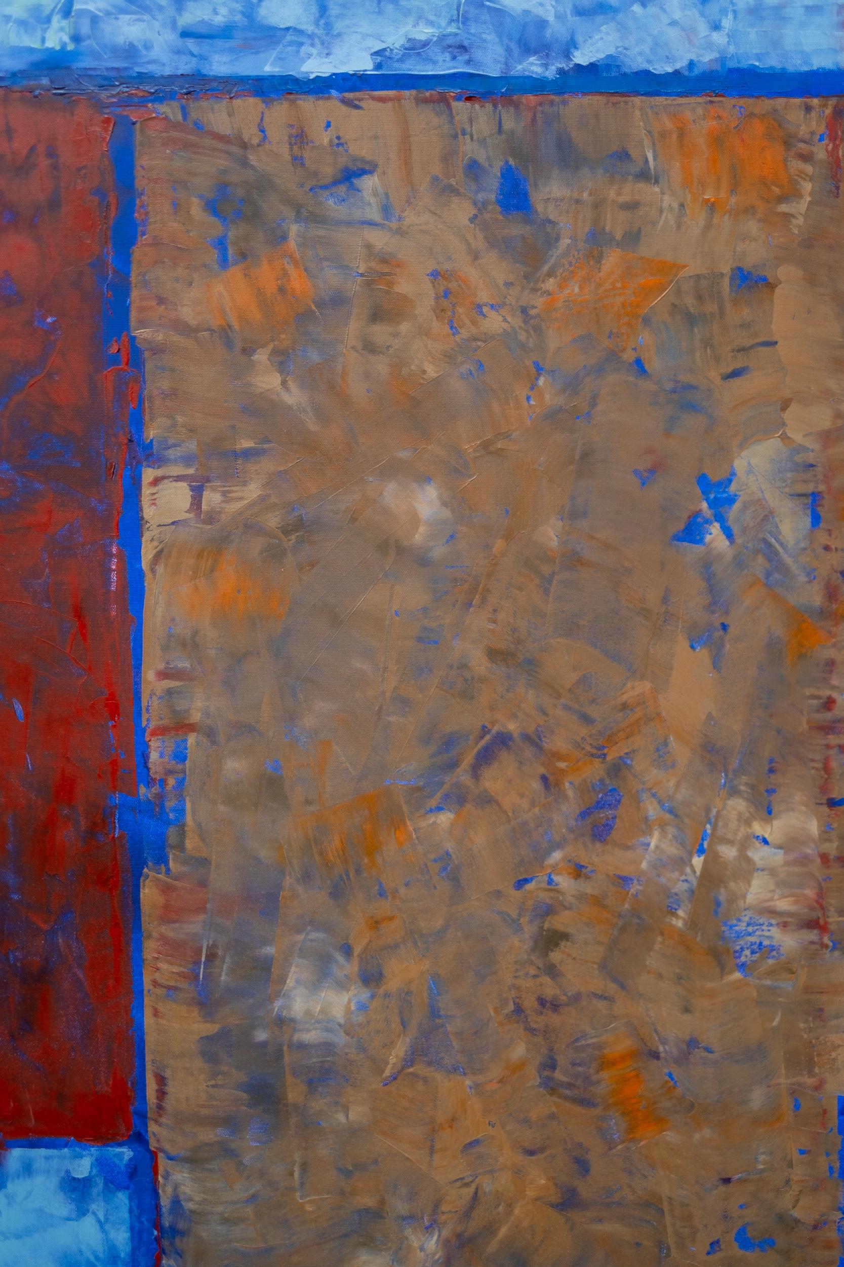 Serie solare #2: Ponte di Auver - blu, rosso, astratto, modernista, olio su tela in vendita 1