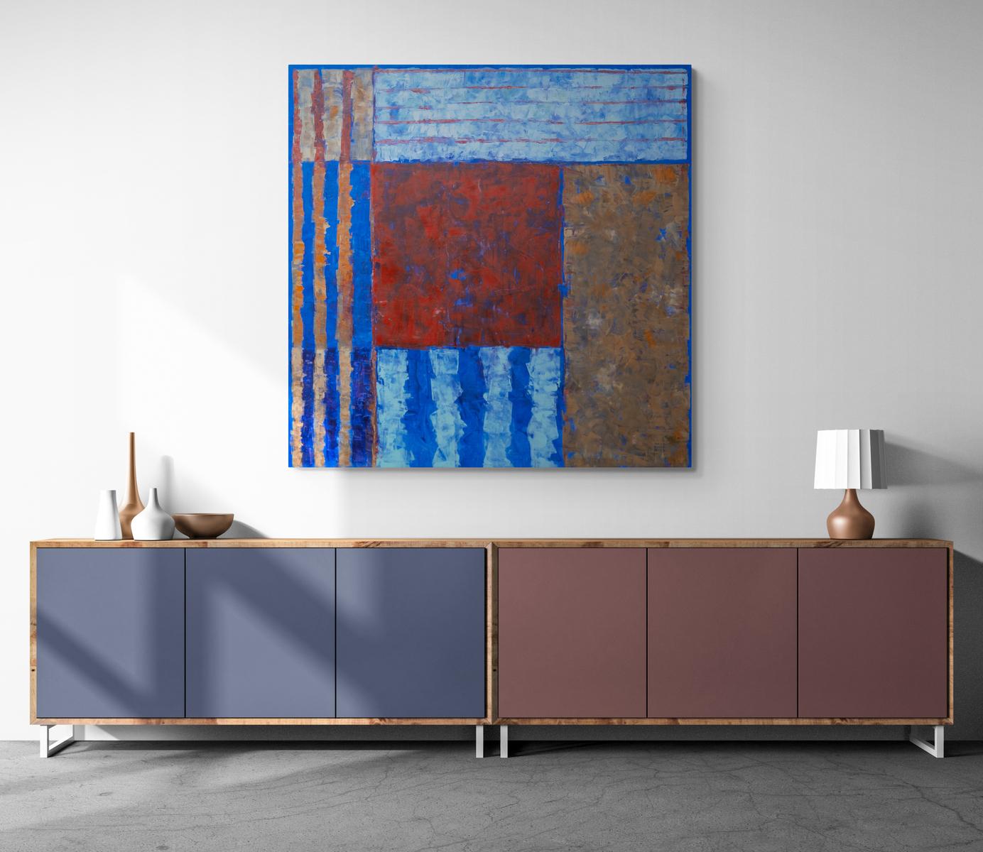 Serie solare #2: Ponte di Auver - blu, rosso, astratto, modernista, olio su tela in vendita 4