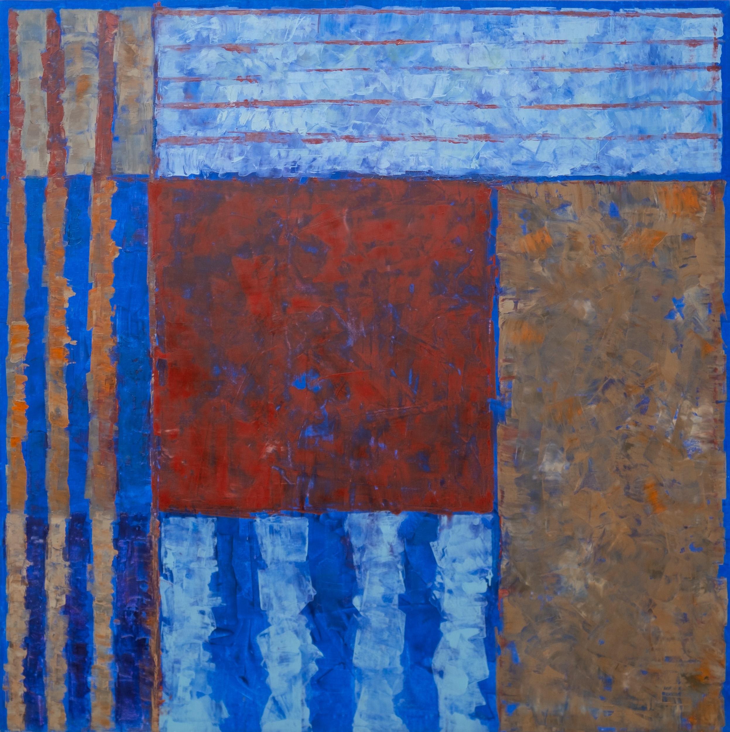 Abstract Painting di David Sorensen - Serie solare #2: Ponte di Auver - blu, rosso, astratto, modernista, olio su tela