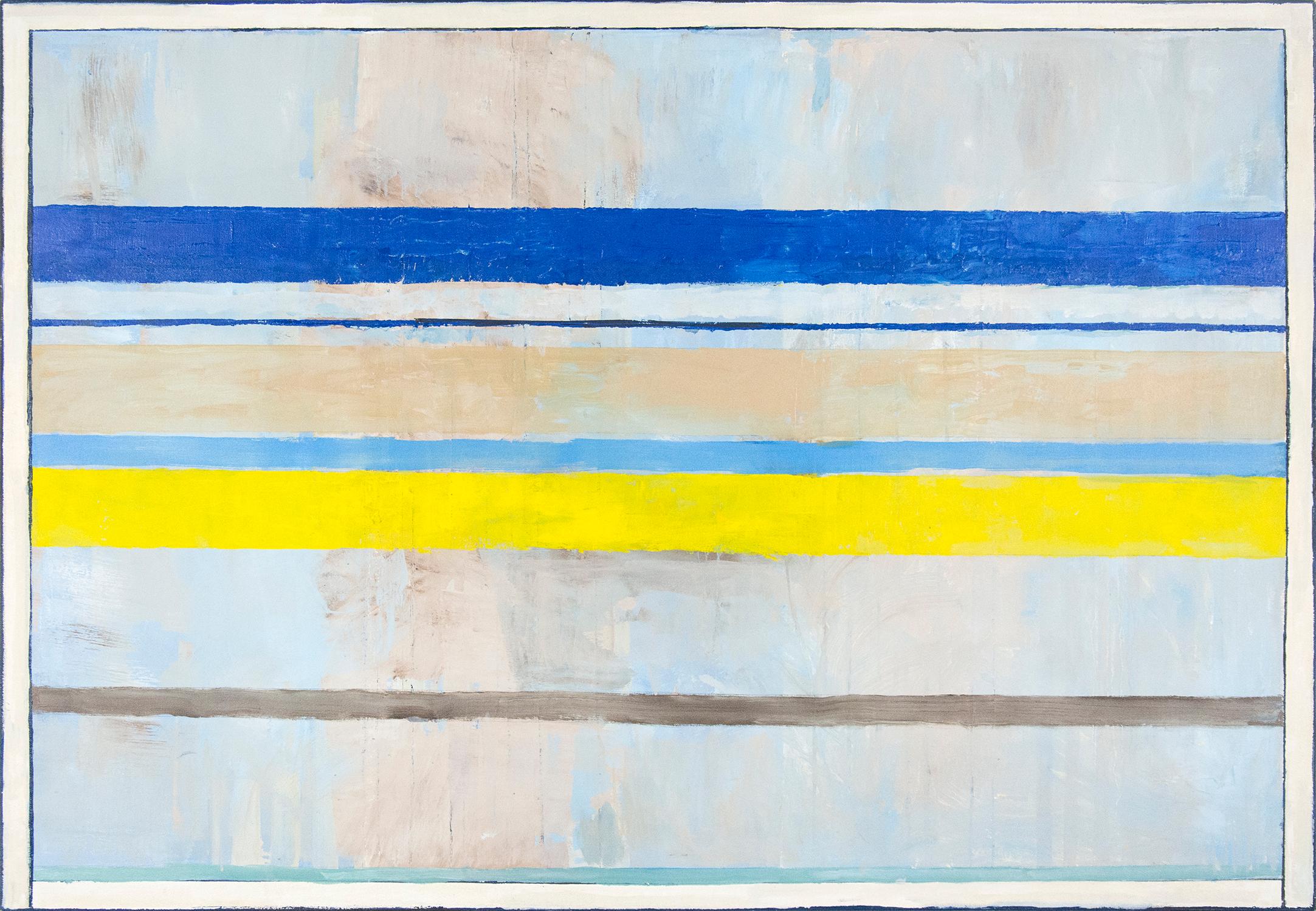In diesem modernistischen Triptychon von David Sorensen verweisen malerische Bänder in leuchtendem Zitronen-, Aqua-, Weiß- und Grüngrün auf Strand, Sand und Himmel. 

Mit seinen malerisch-modernen Kompositionen wollte der berühmte kanadische Maler
