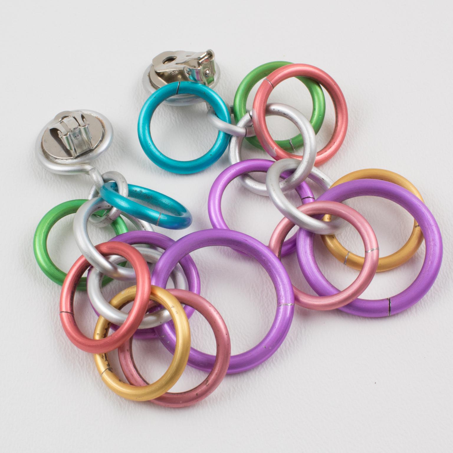 Modernist David Spada Dangle Clip Earrings Multicolor Pastel Aluminum