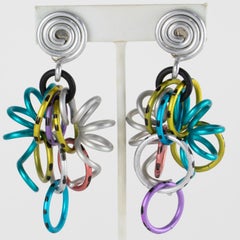 David Spada Dangle Clip Earrings Rainbow and Silver Aluminum