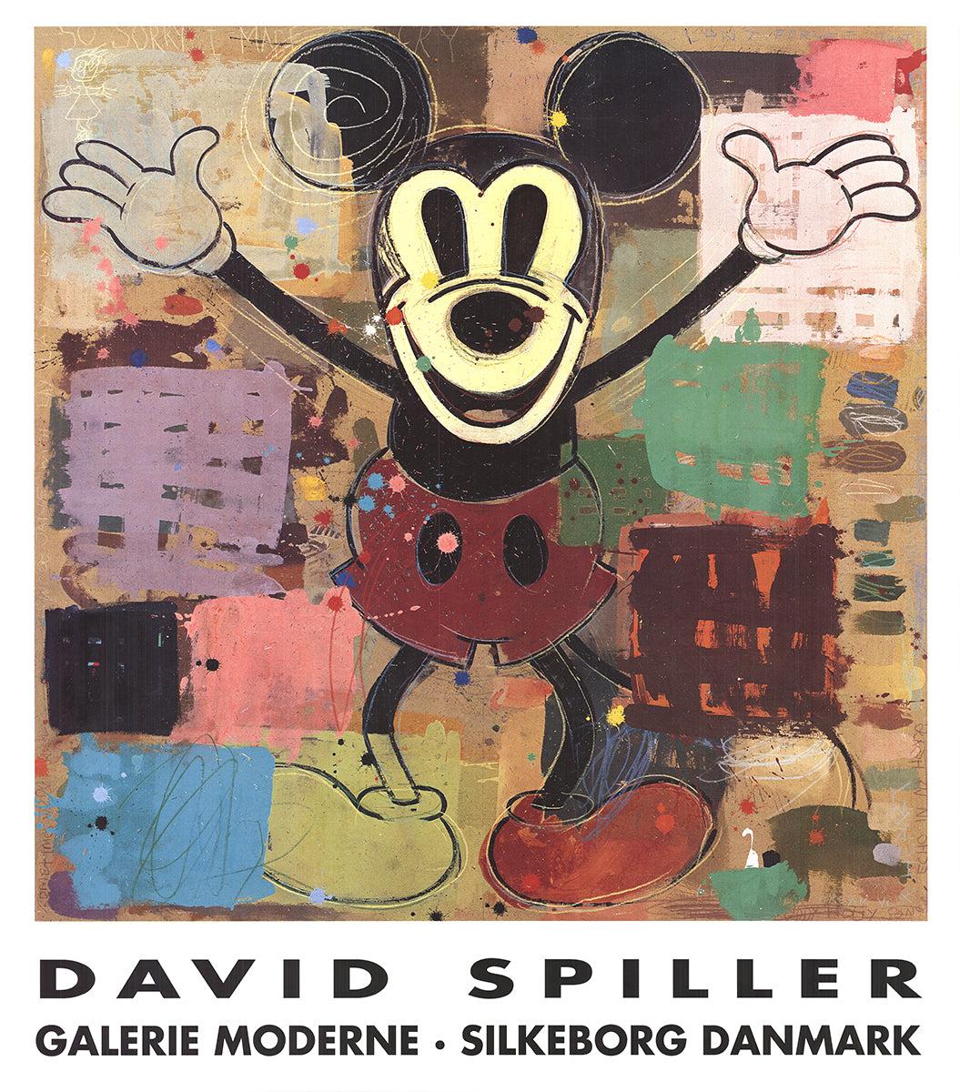 This original poster by David Spiller, created for Galerie Moderne in Silkeborg, Denmark, was published in 2018. The poster features Spiller’s unique interpretation of the iconic character Mickey Mouse, rendered in his distinctive patchwork painting