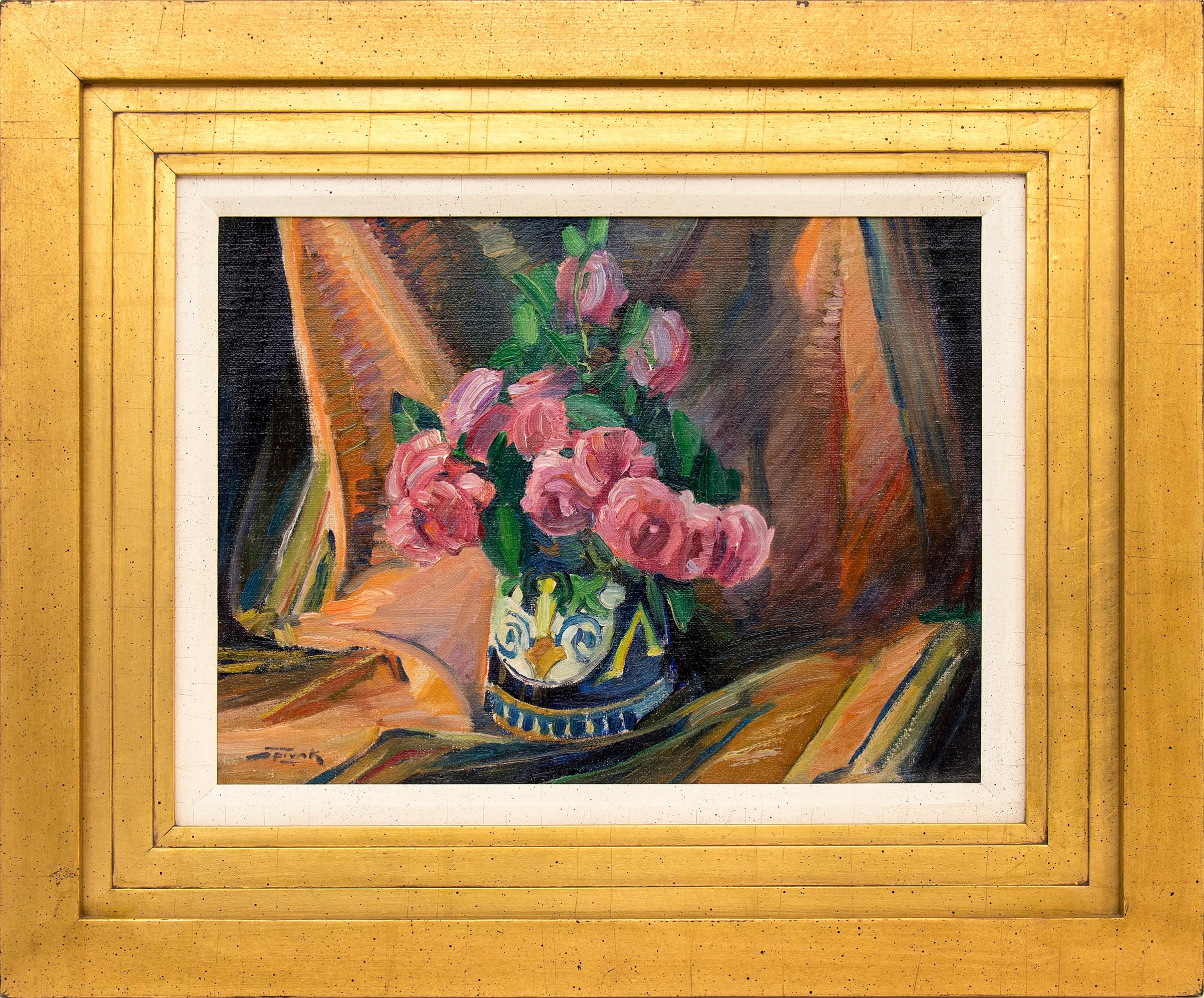 Still-Life Painting David Spivak - Nature morte aux roses, peinture à l'huile d'intérieur encadrée dans les tons rose et orange