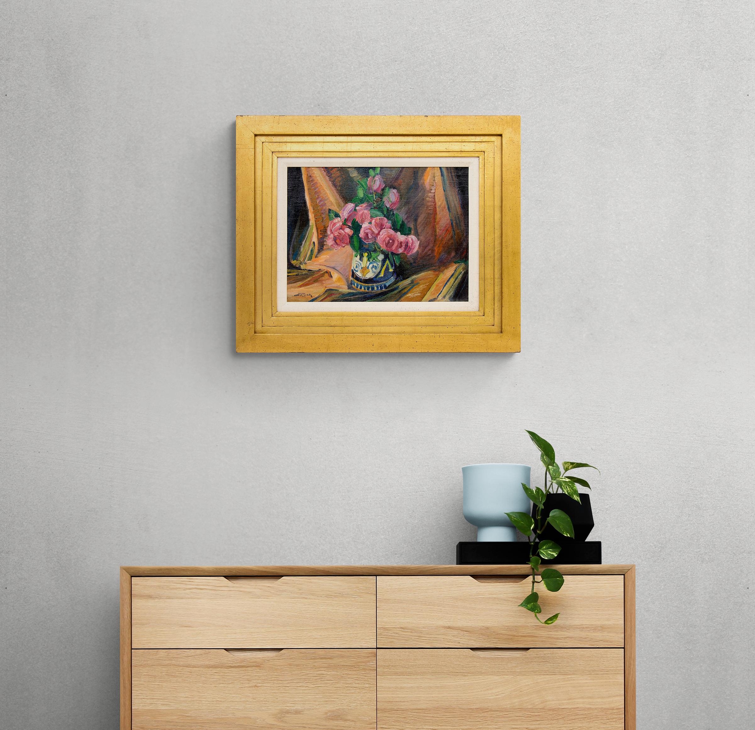 Still Life with Pink Roses, Framed Interior Oil Painting with Pink and Orange For Sale 5