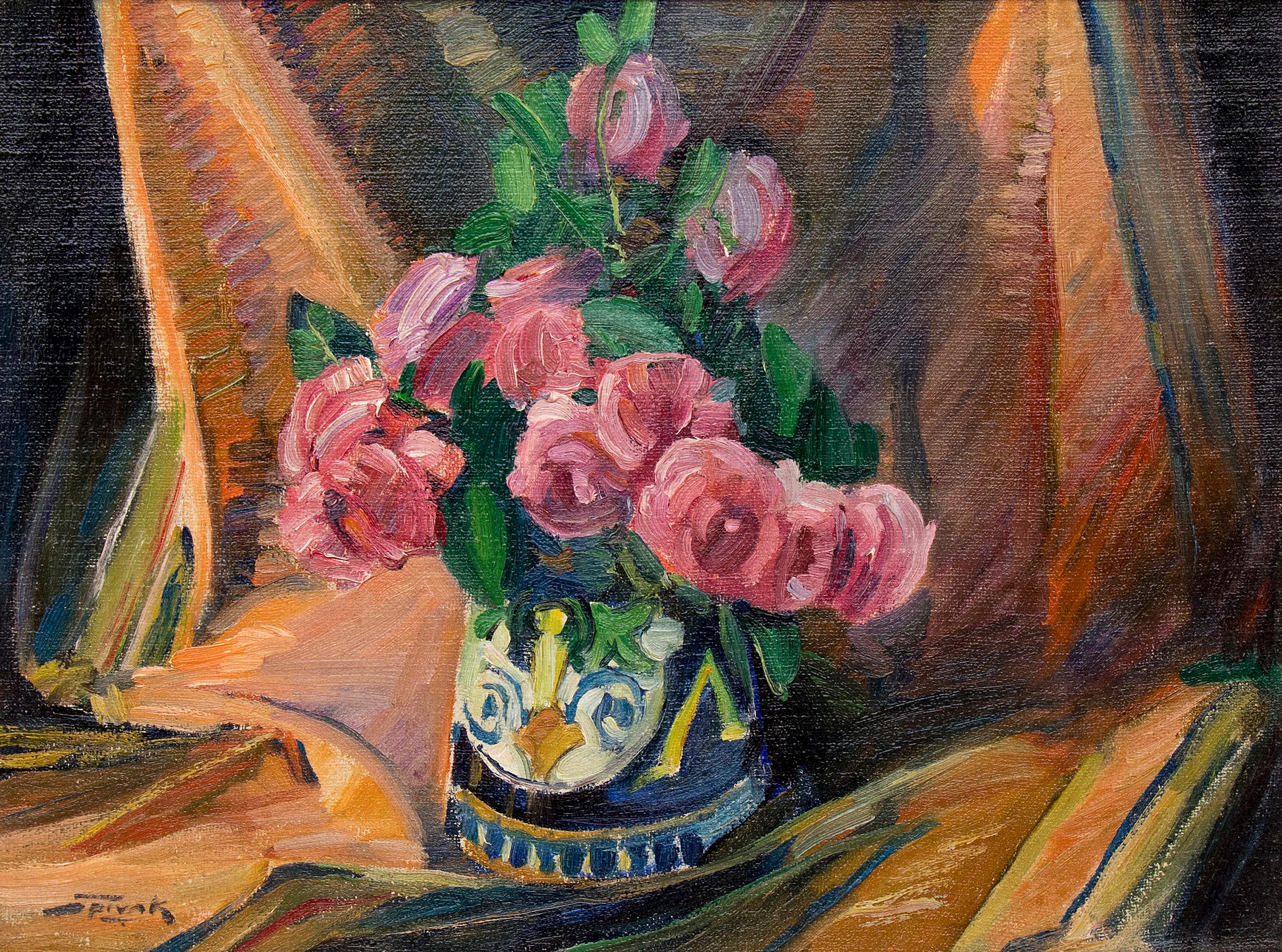Nature morte avec roses roses, peinture à l'huile intérieure encadrée, rose et orange - Painting de David Spivak