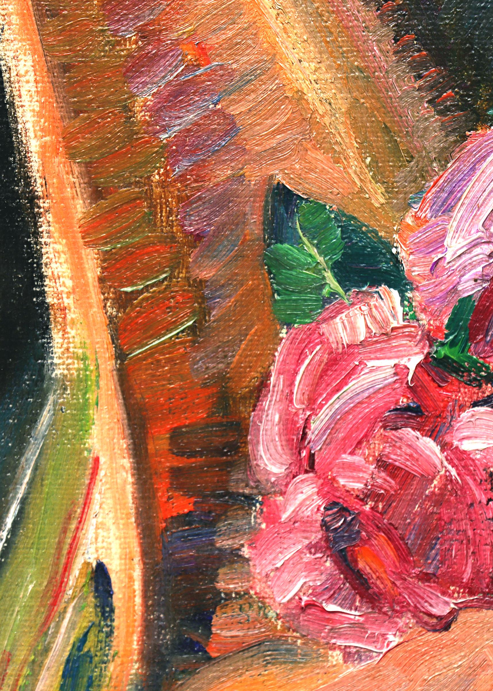 Still Life with Pink Roses, Framed Interior Oil Painting with Pink and Orange For Sale 1