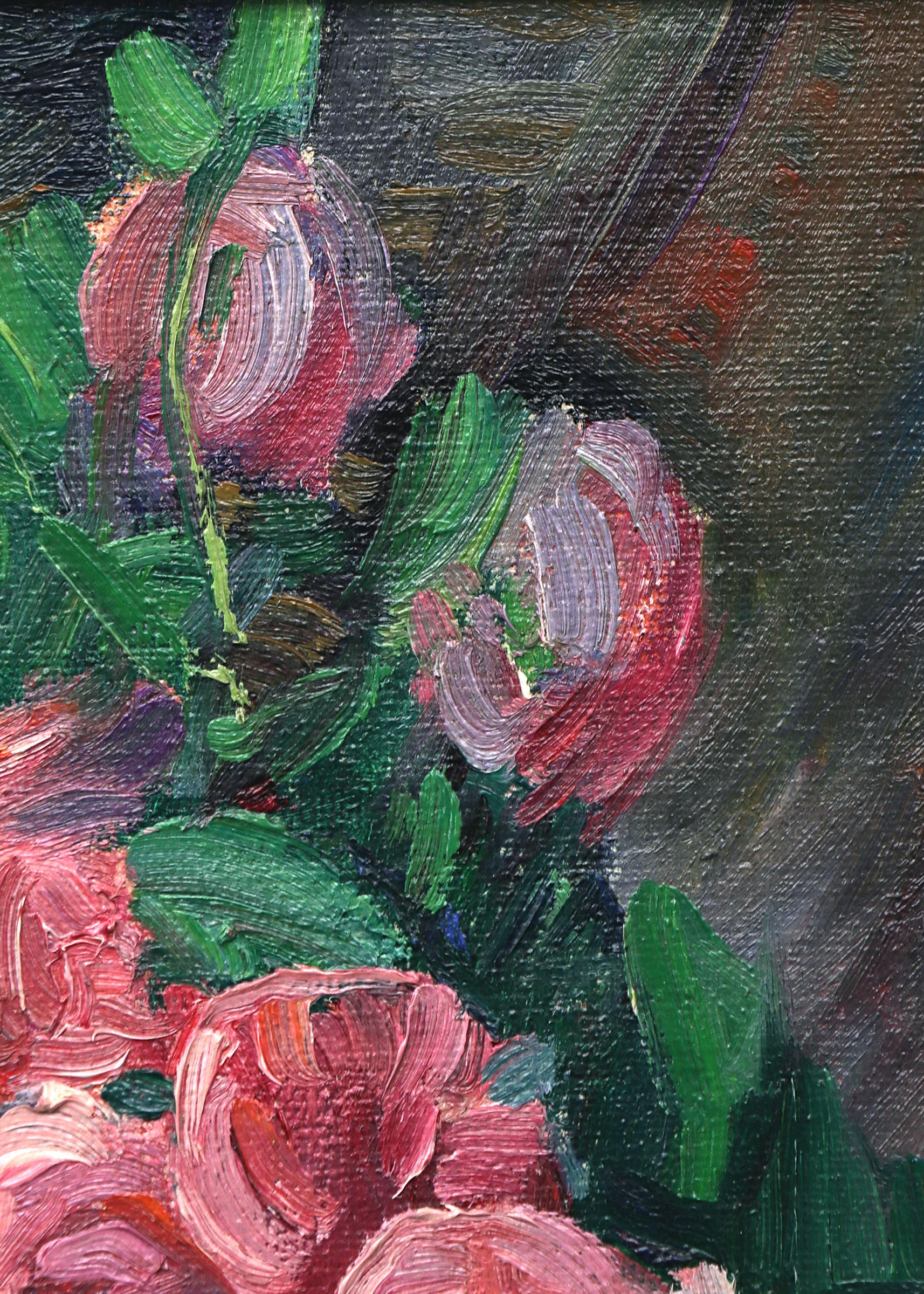 Still Life with Pink Roses, Framed Interior Oil Painting with Pink and Orange For Sale 2
