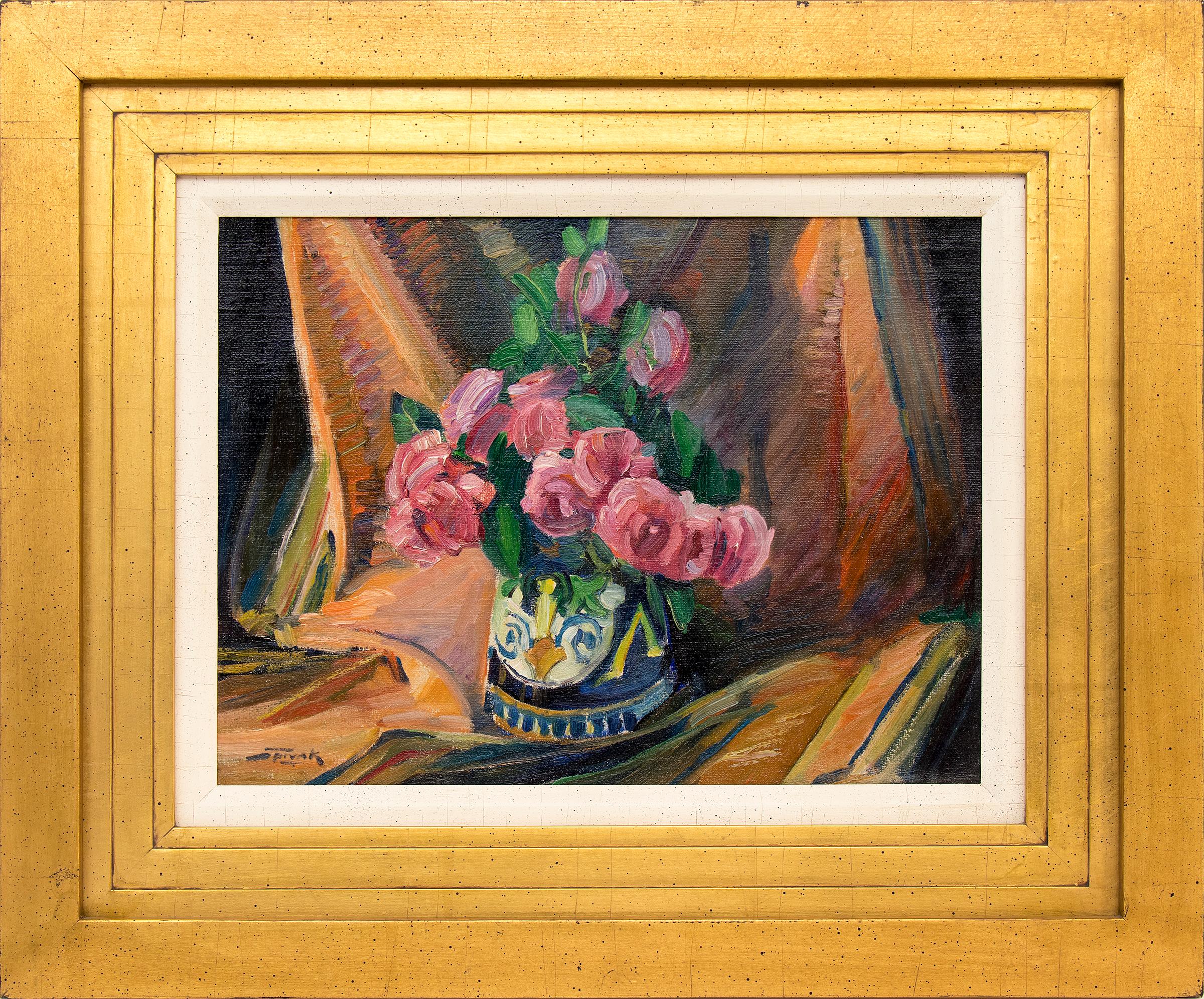 Still-Life Painting David Spivak - Nature morte avec roses roses, peinture à l'huile intérieure encadrée, rose et orange