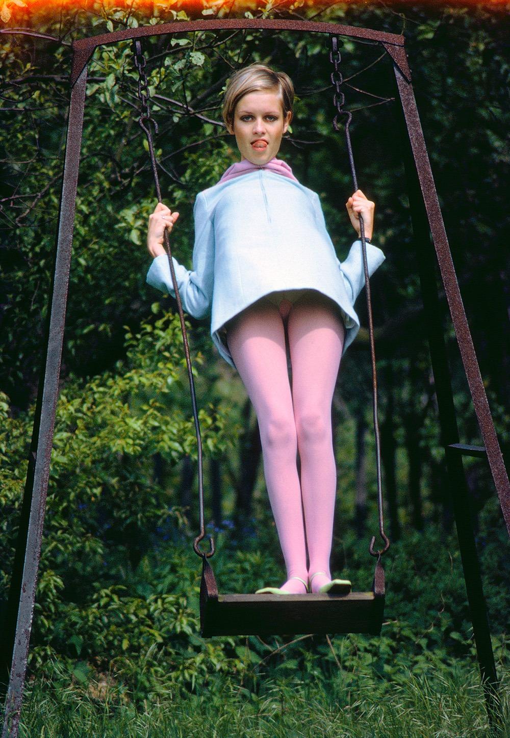 David Steen Color Photograph - Twiggy In Pink Tights On Swing 1967 Limited Estate Print