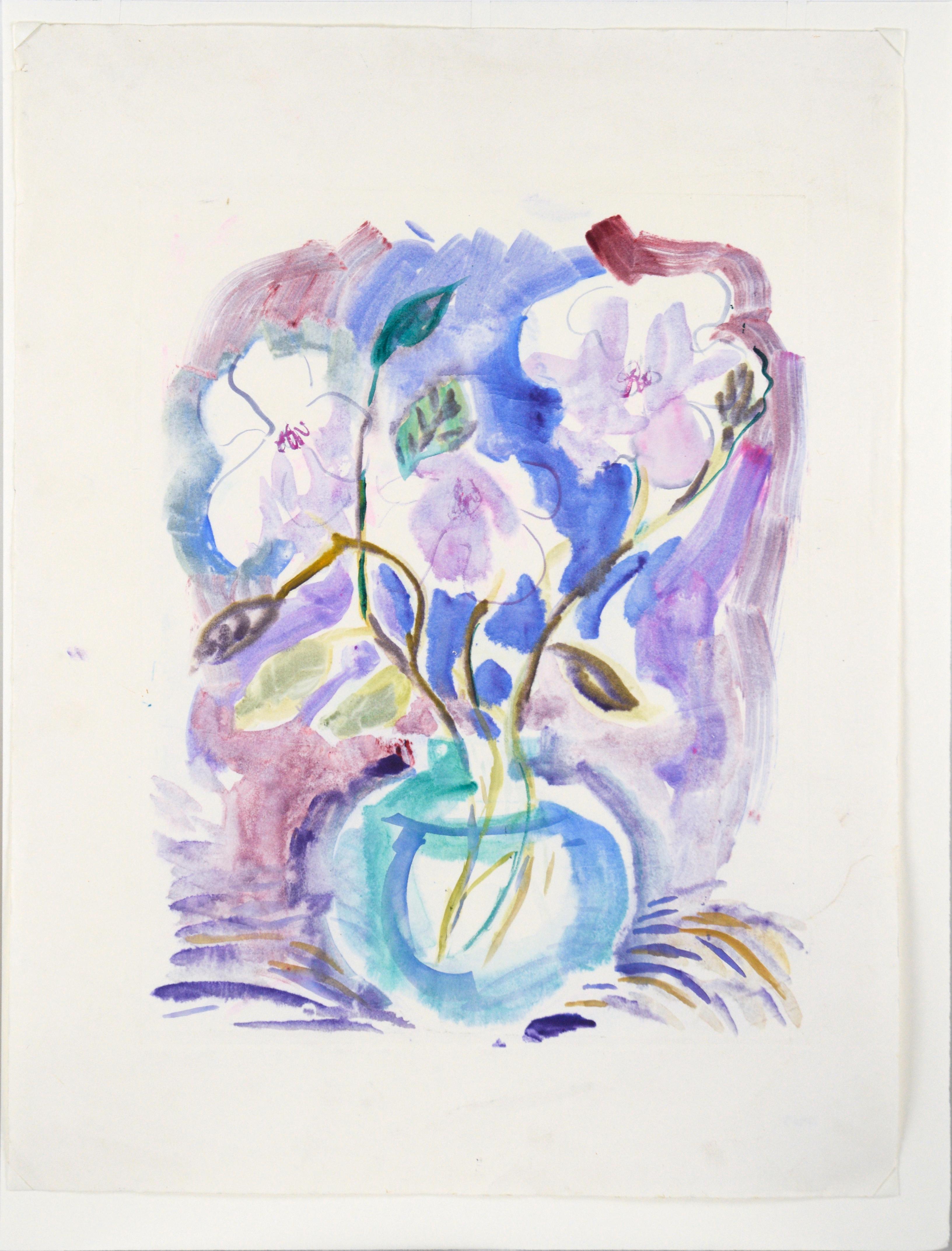 Vibrant and dynamic monoprint by David Stephens (American, 20th Century). Several white and purple flowers sit in a vase with a few other plant cuttings. The background is filled with vibrant blues and purples.

Unsigned, but was acquired with a