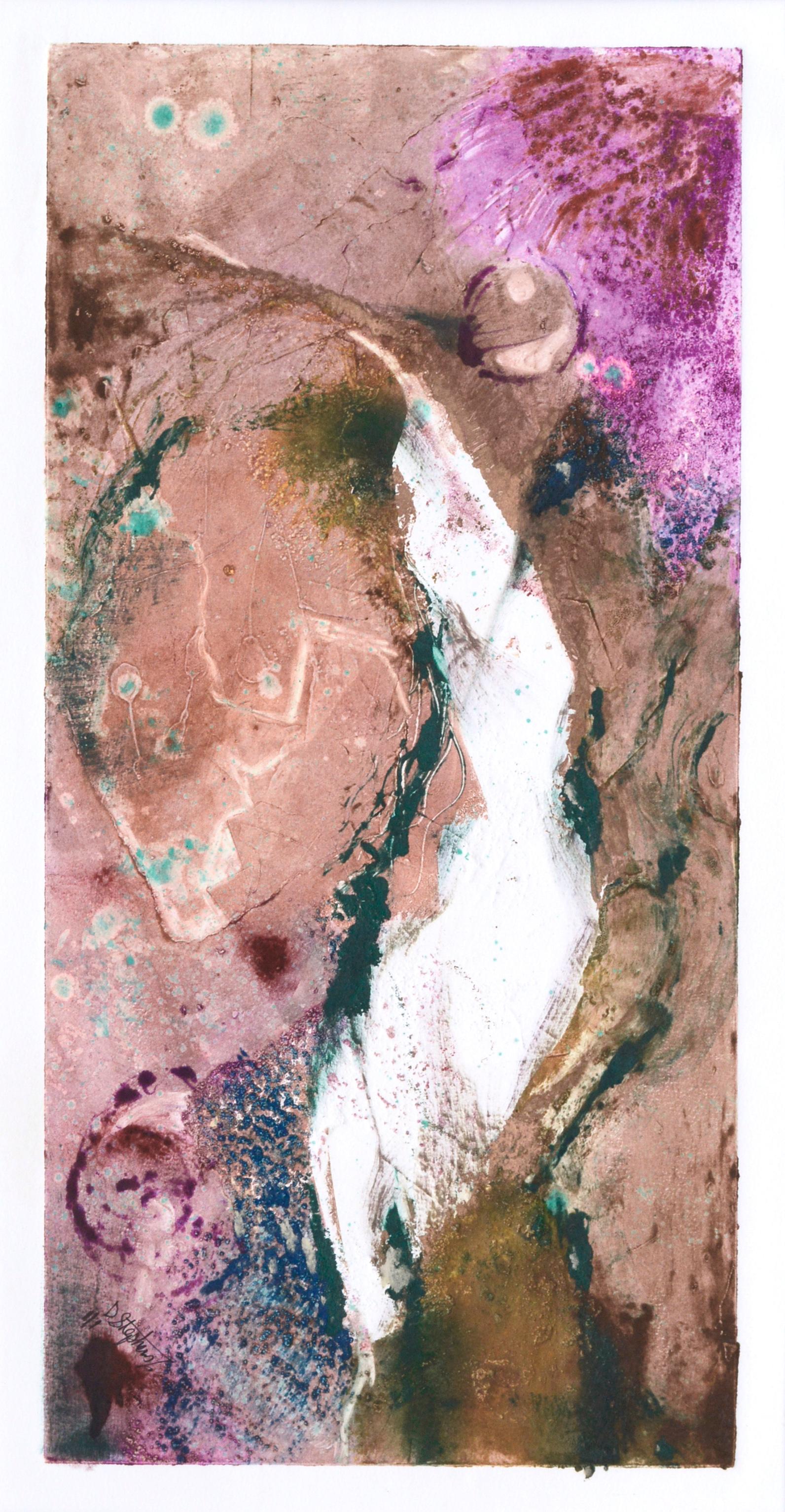Tan and Magenta Abstract Textured Monotype For Sale 3