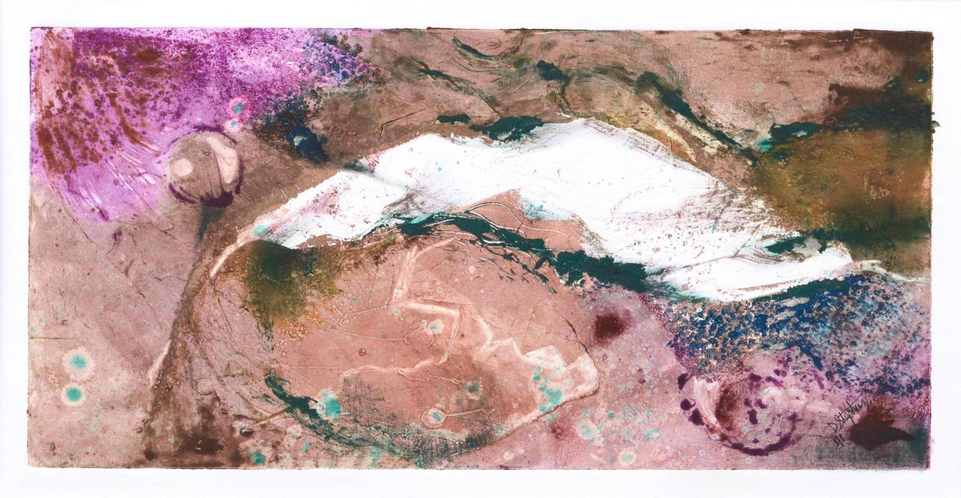 Tan and Magenta Abstract Textured Monotype - Painting by David Stephens