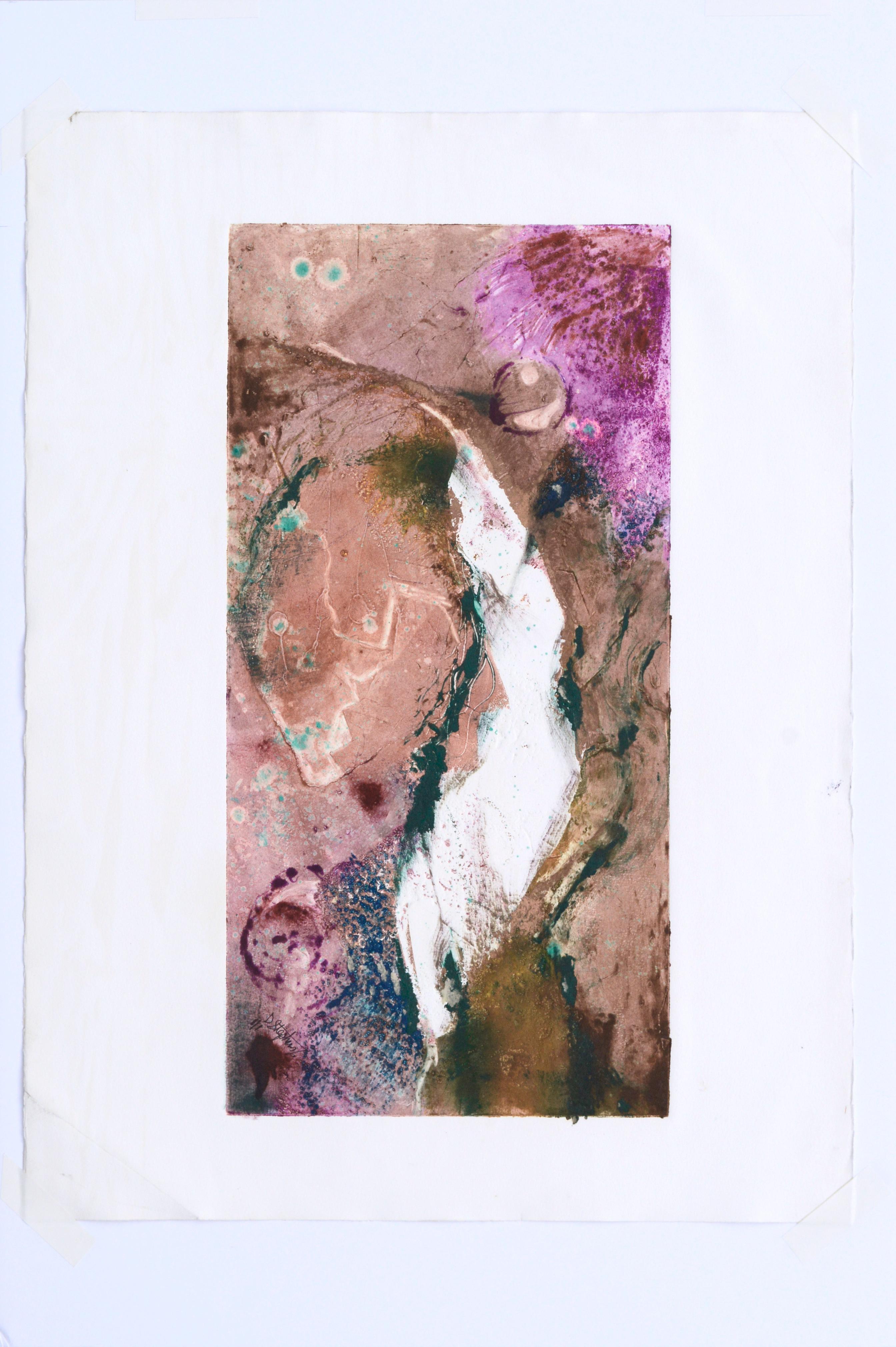 Tan and Magenta Abstract Textured Monotype For Sale 2