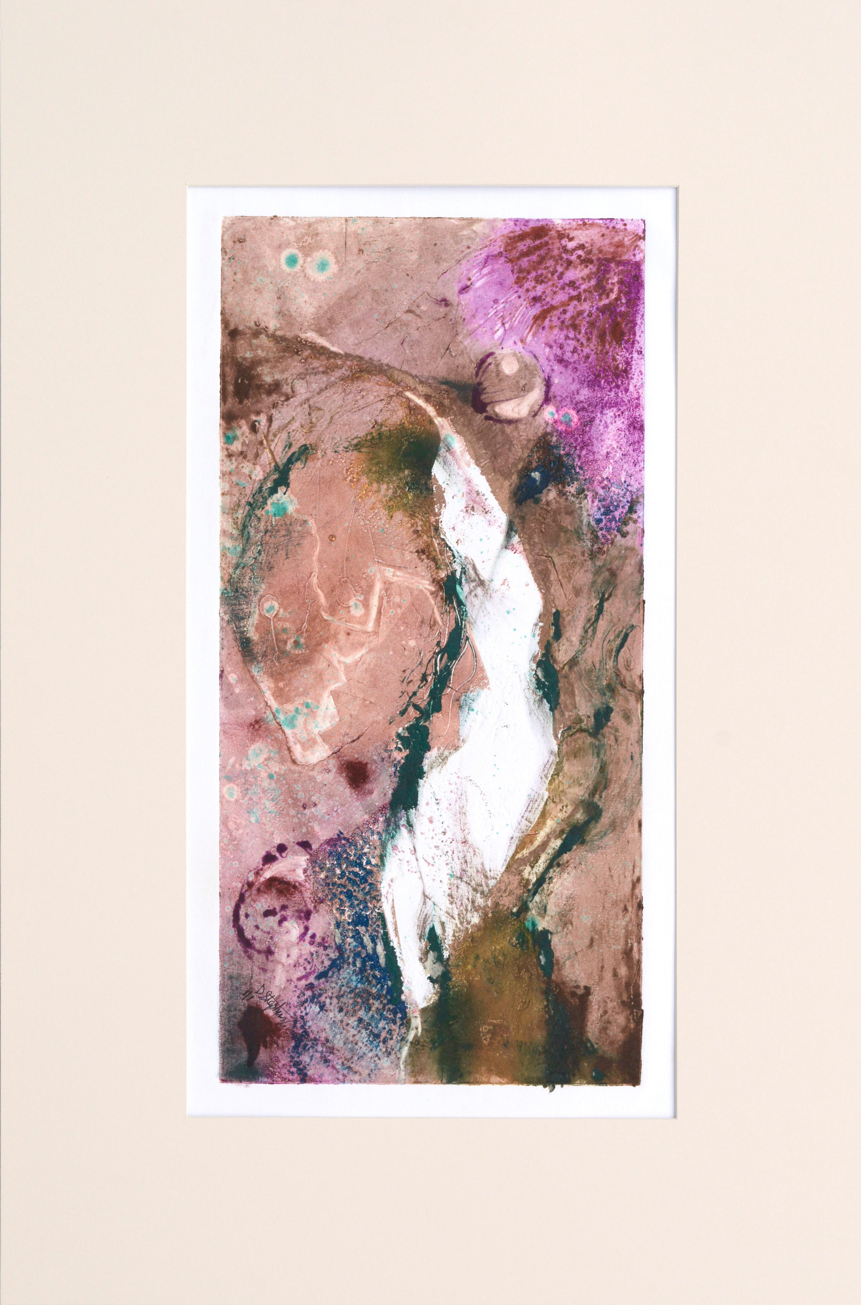 Tan and Magenta Abstract Textured Monotype For Sale 1